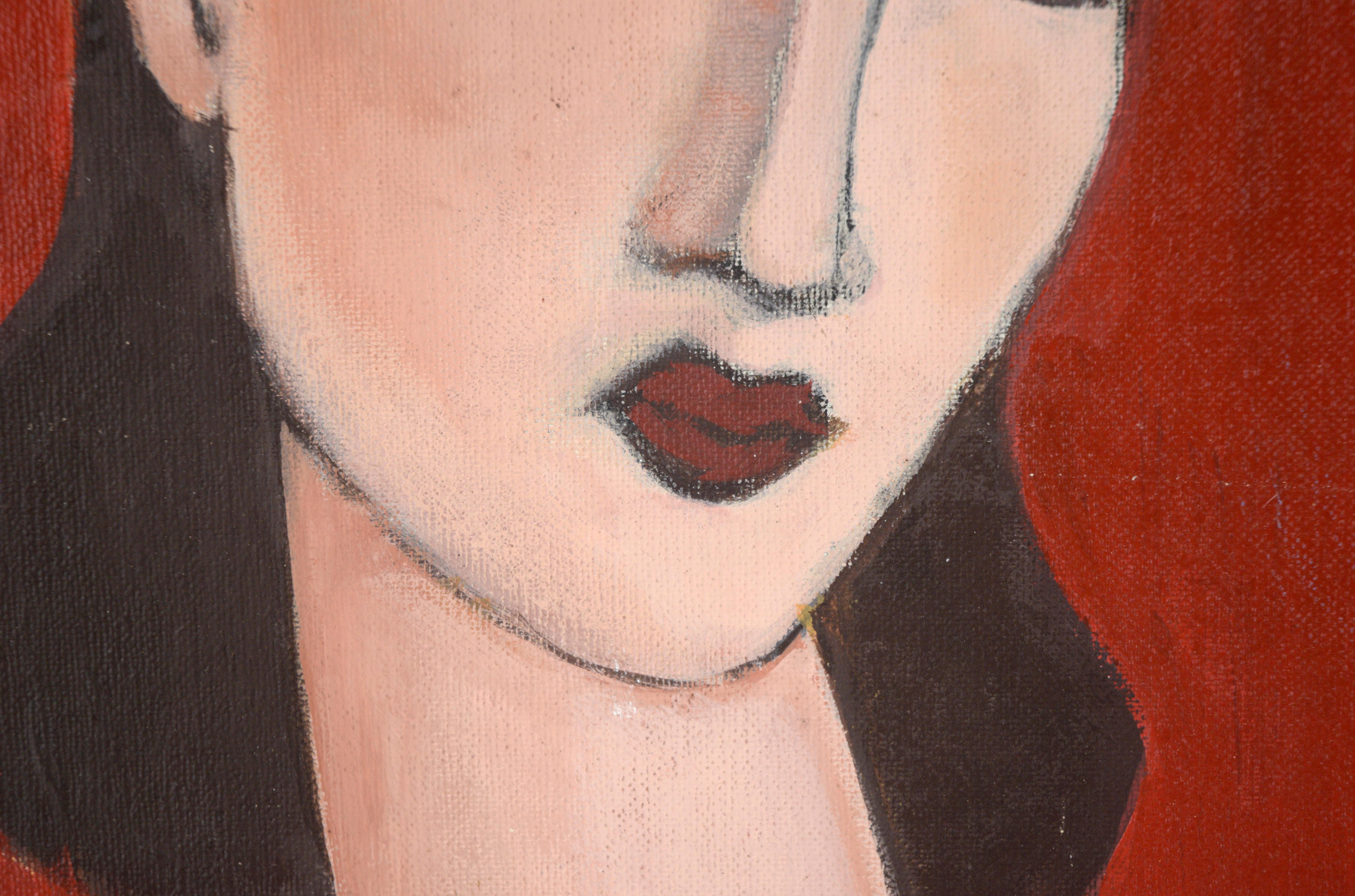 Portrait of a Woman with Brown Hair on a Red Background in Acrylic on Artist's Board

Portrait of a woman in the style of Amedeo Modigliani by an unknown artist (20th century). The woman has dark brown hair, parted in the center, and pursed, bright