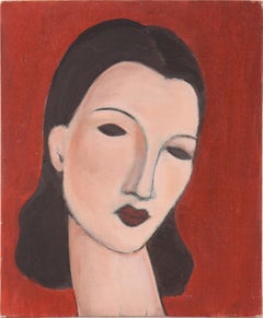 Portrait of a Woman with Brown Hair on a Red Background in Acrylic