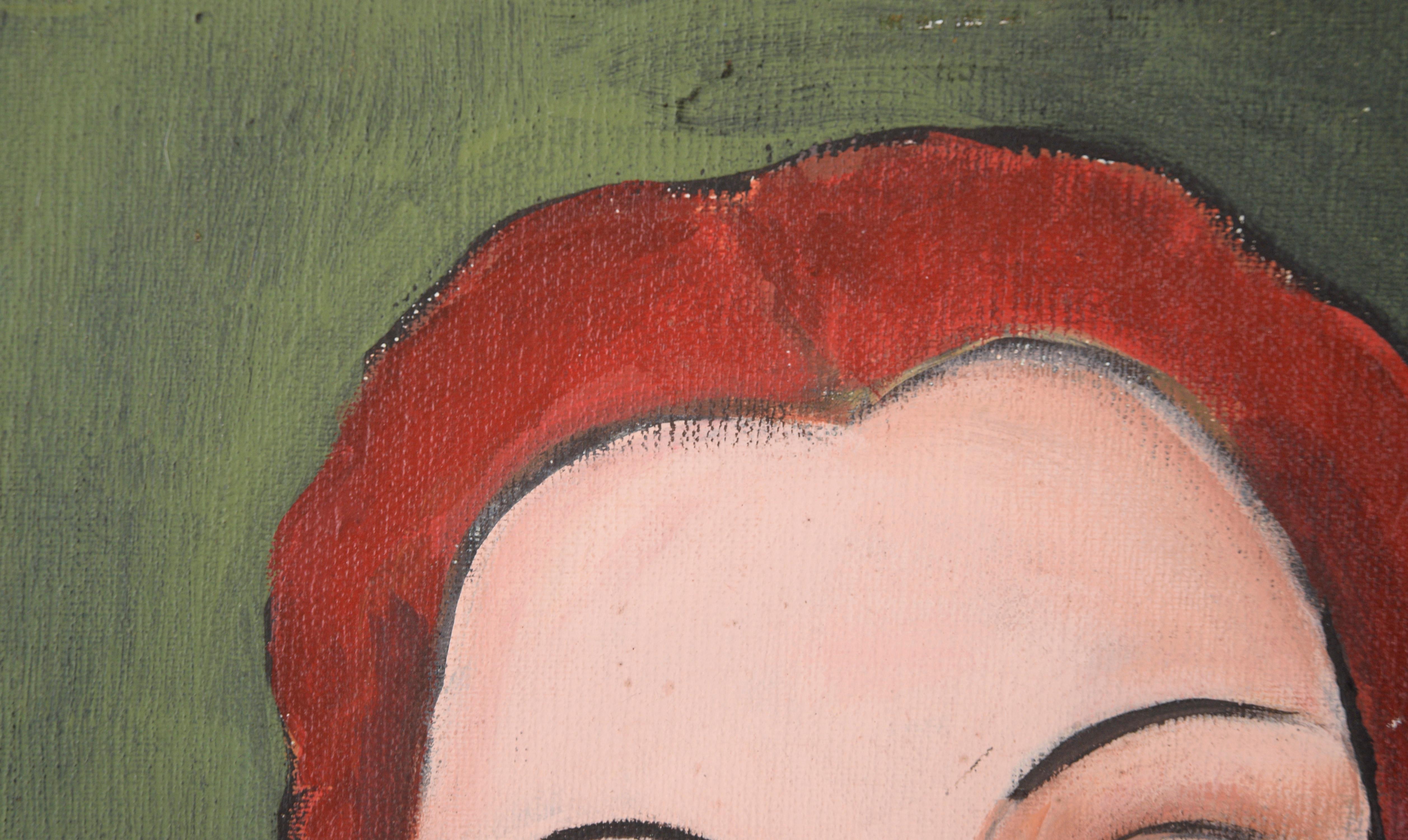 Portrait of a Woman with Red Hair on a Green Background in Acrylic - Painting by Unknown