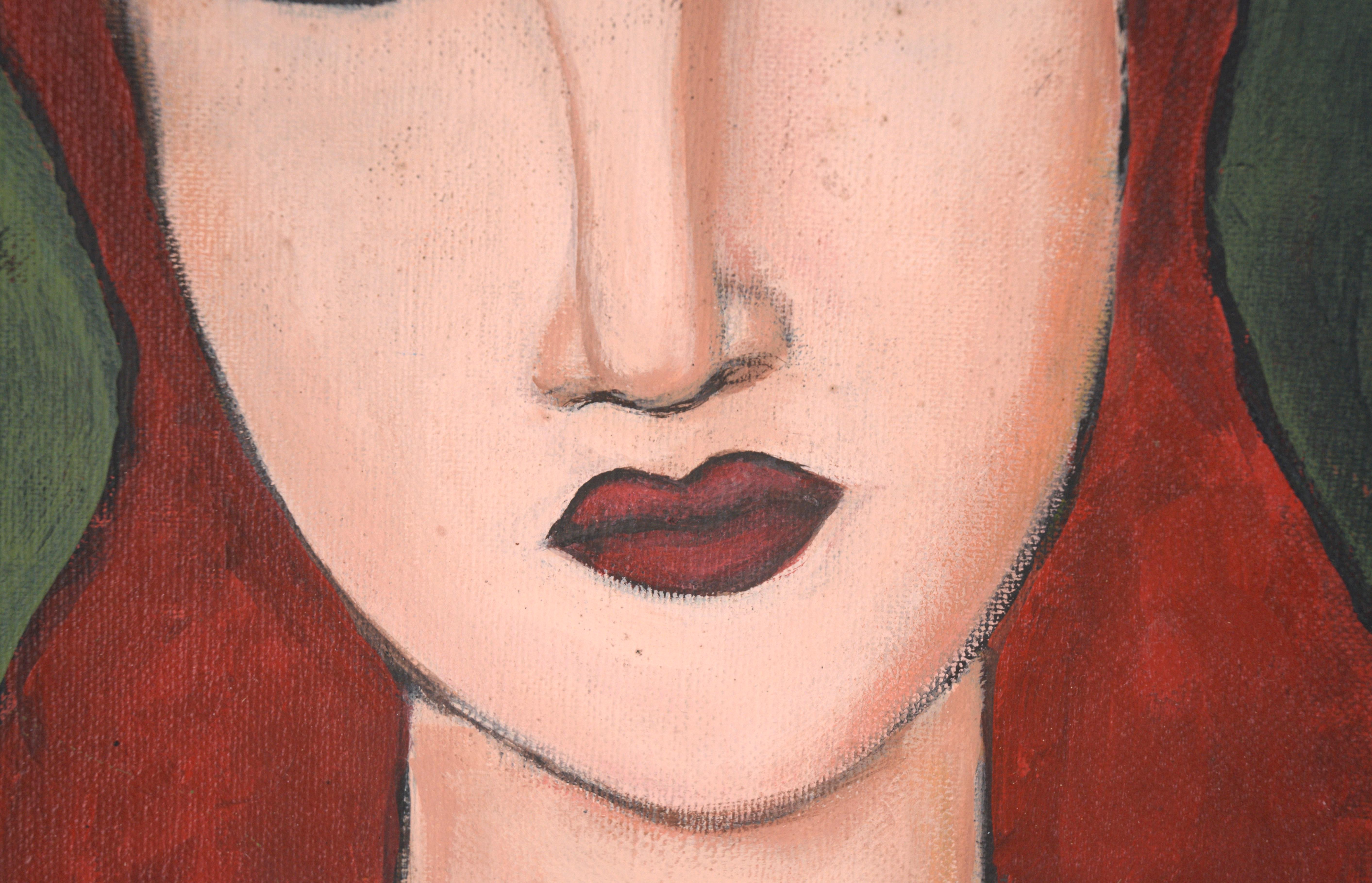 Retrato de mujer pelirroja al estilo de Modigliani (fondo verde) - Portrait Painting Marrón de Unknown