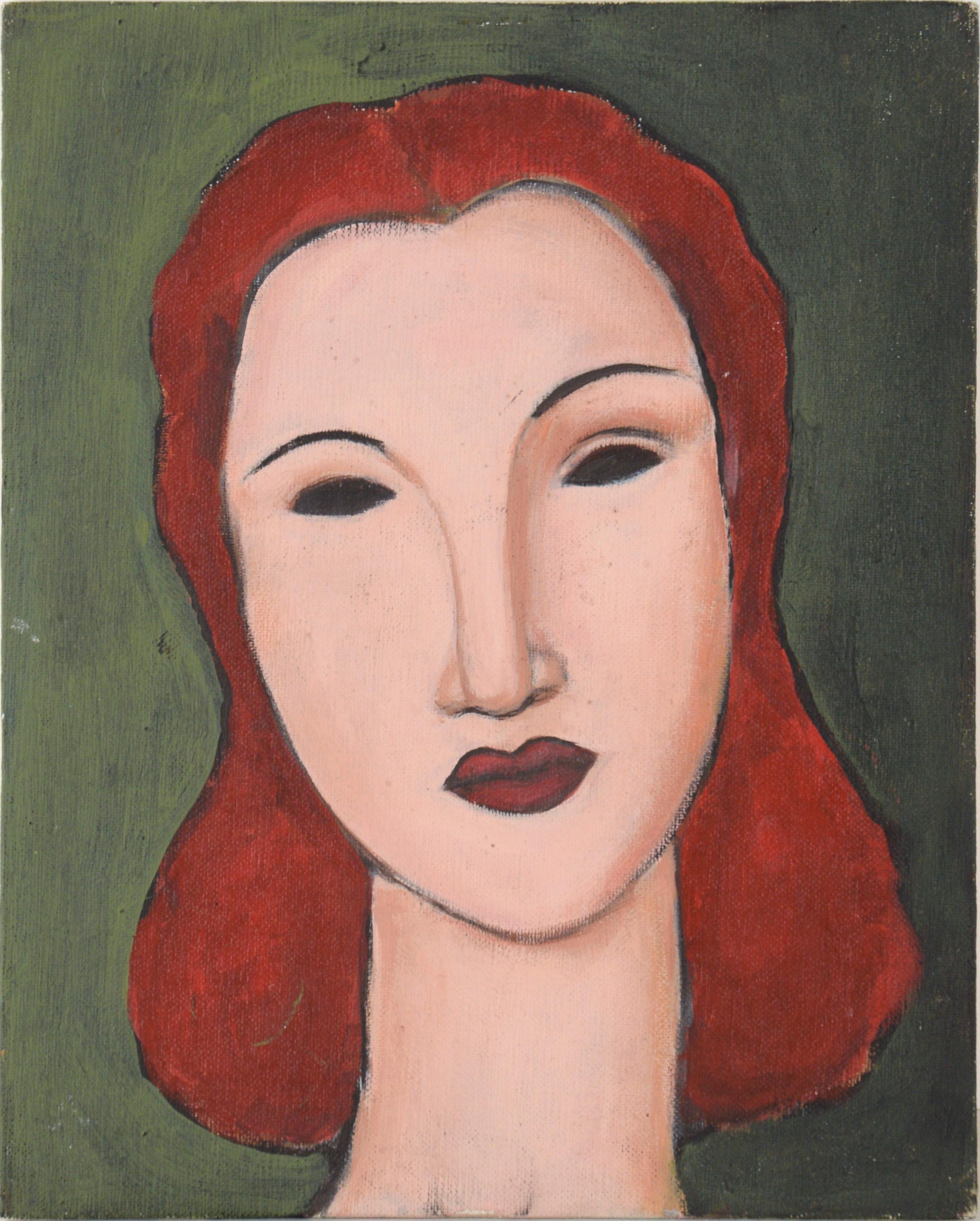 Portrait of a Woman with Red Hair on a Green Background in Acrylic