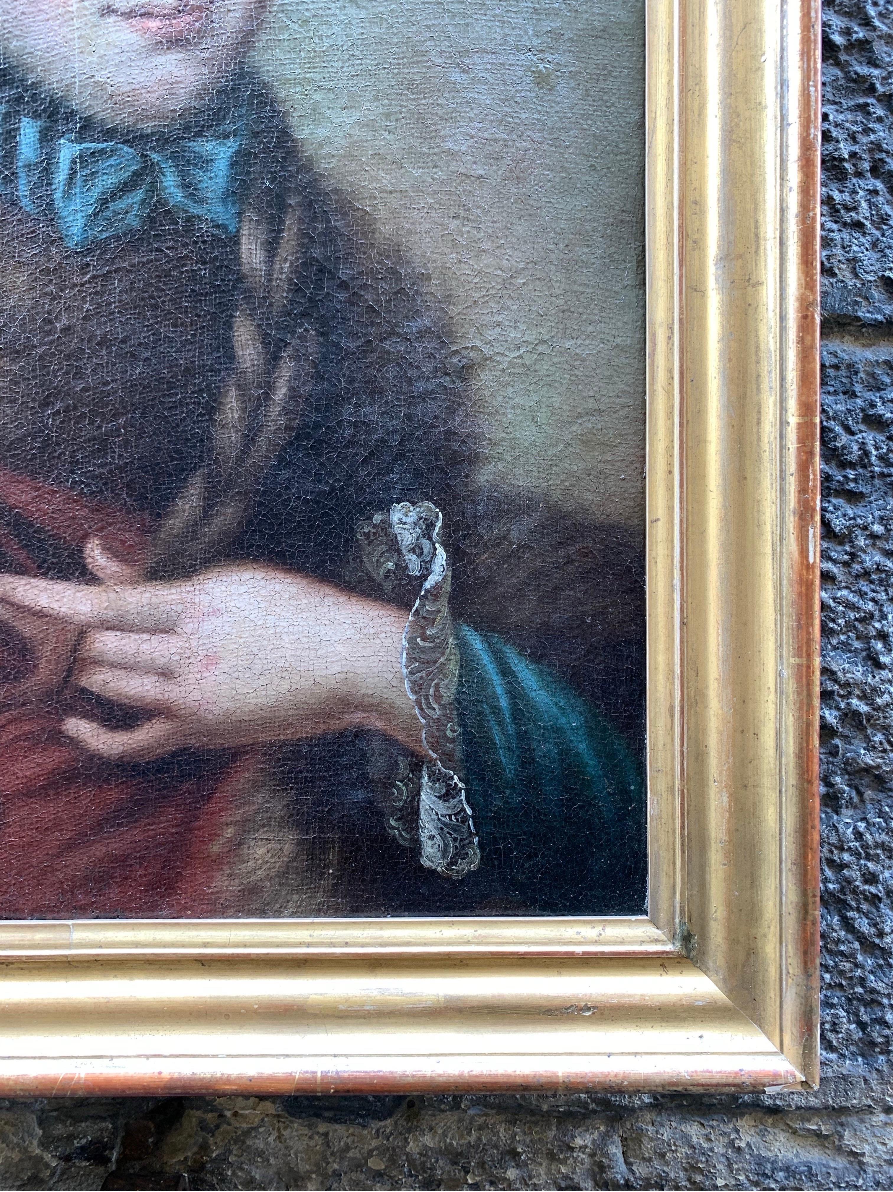 Portrait of a woman with red jacket trimmed with fur and braid German School. - Old Masters Painting by Unknown