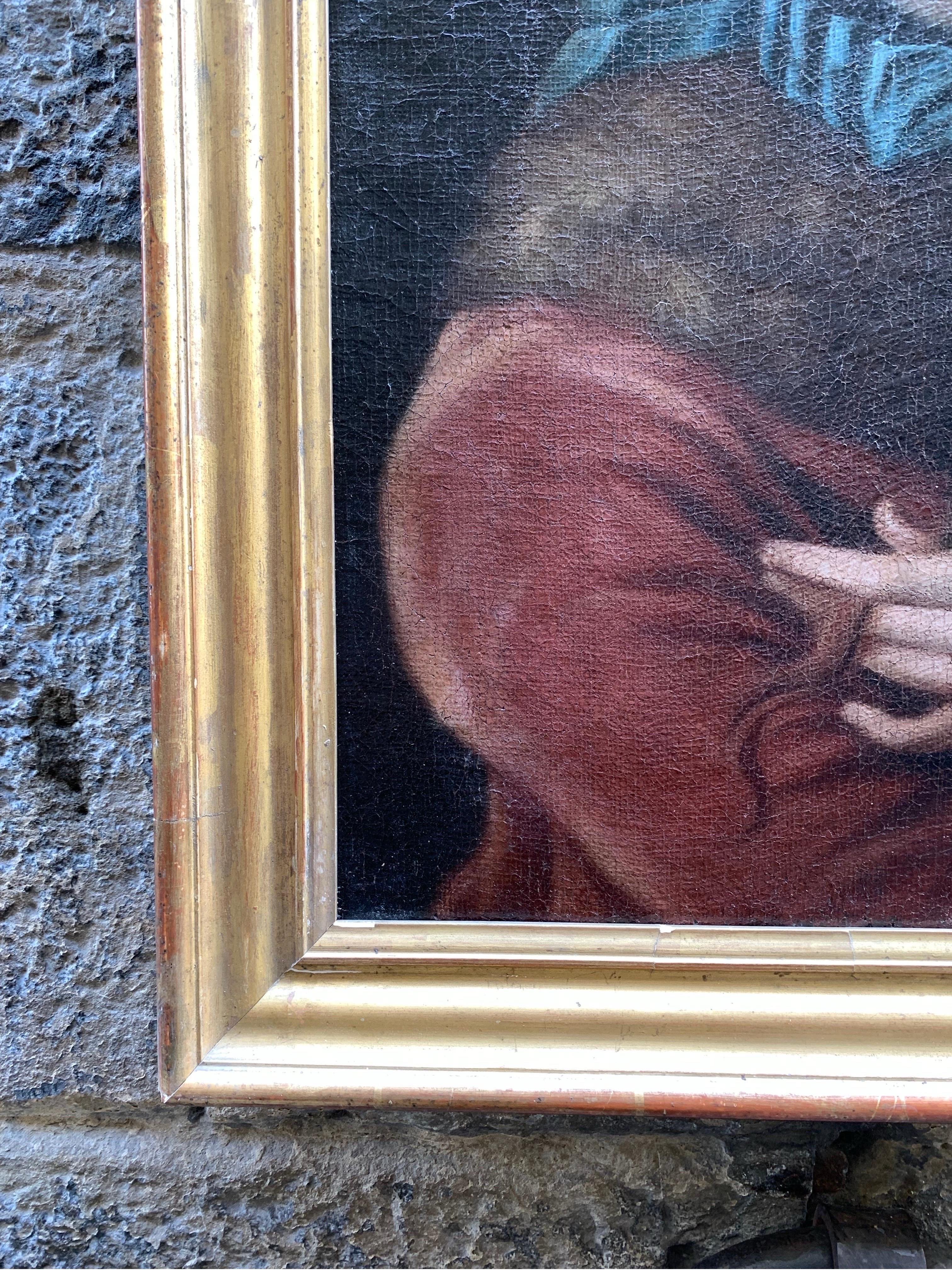 Portrait of a woman with red jacket trimmed with fur and braid German School. - Black Portrait Painting by Unknown