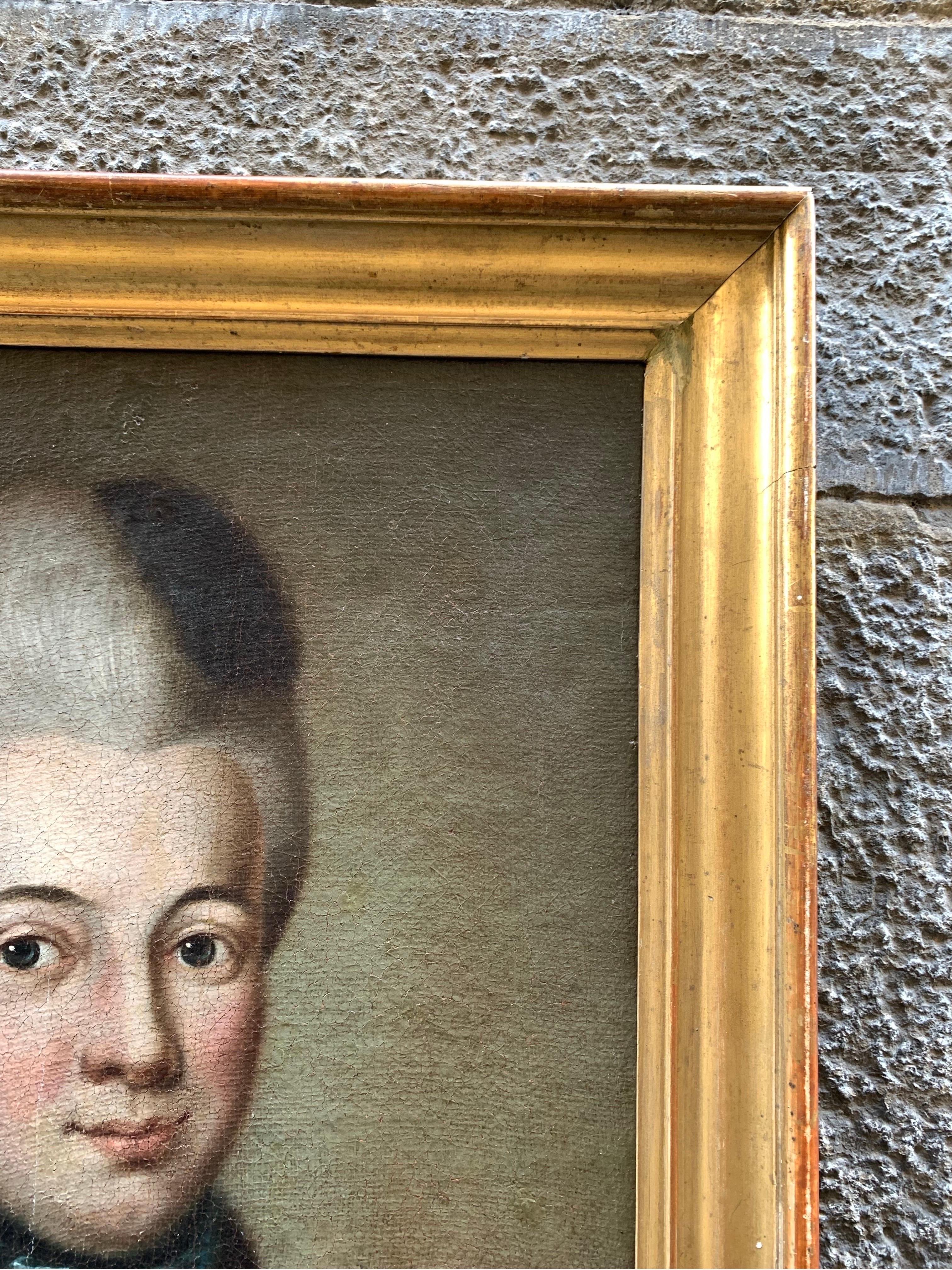 Portrait of a woman with red jacket trimmed with fur and braid
German School, late 18th - early 19th century
Oil on canvas, 64 × 48 cm
Gilded wooden frame, not original

Dressed in a red fitted jacket trimmed with fur - an attire suited to the