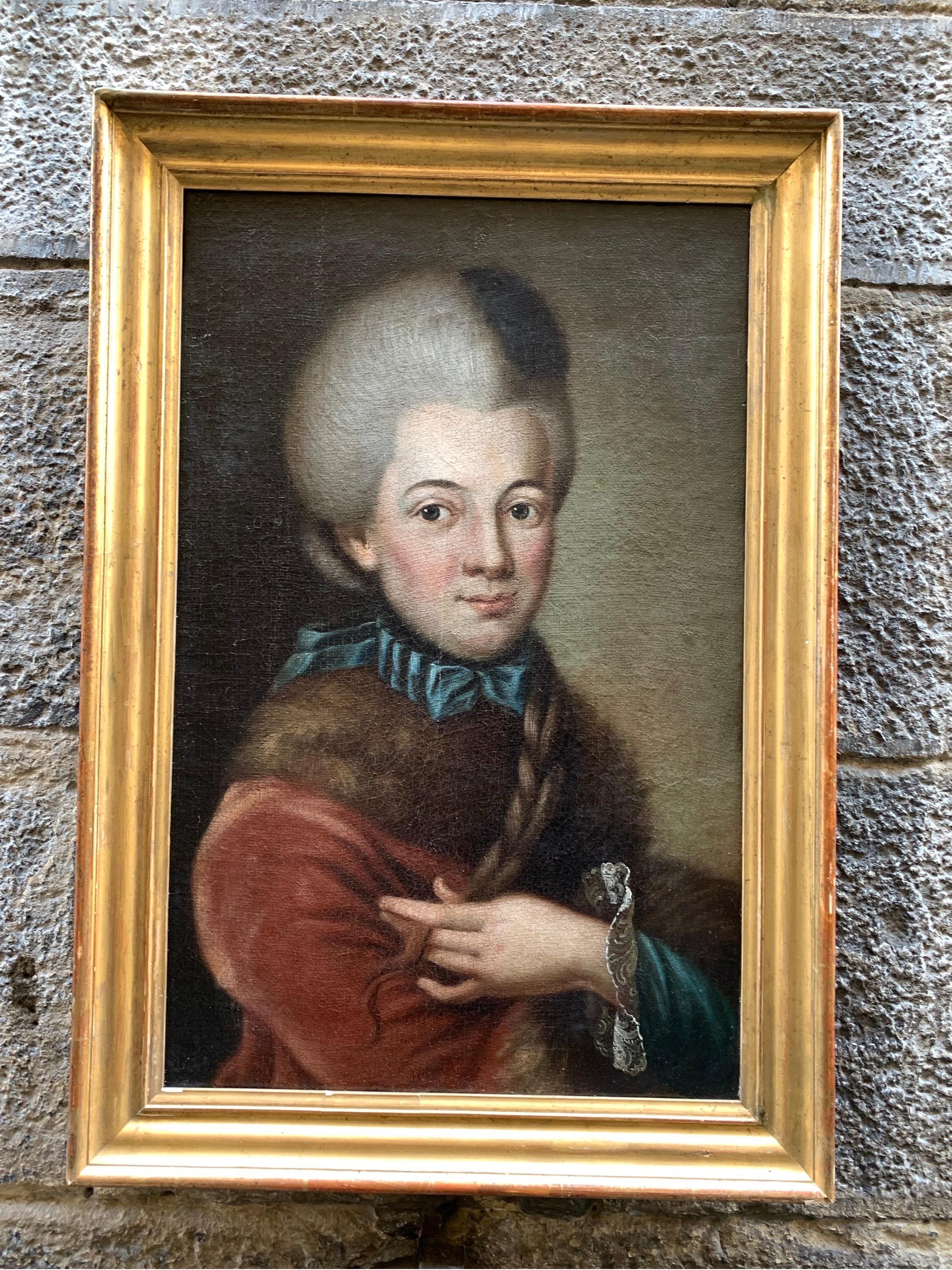 Portrait of a woman with red jacket trimmed with fur and braid German School. For Sale 1