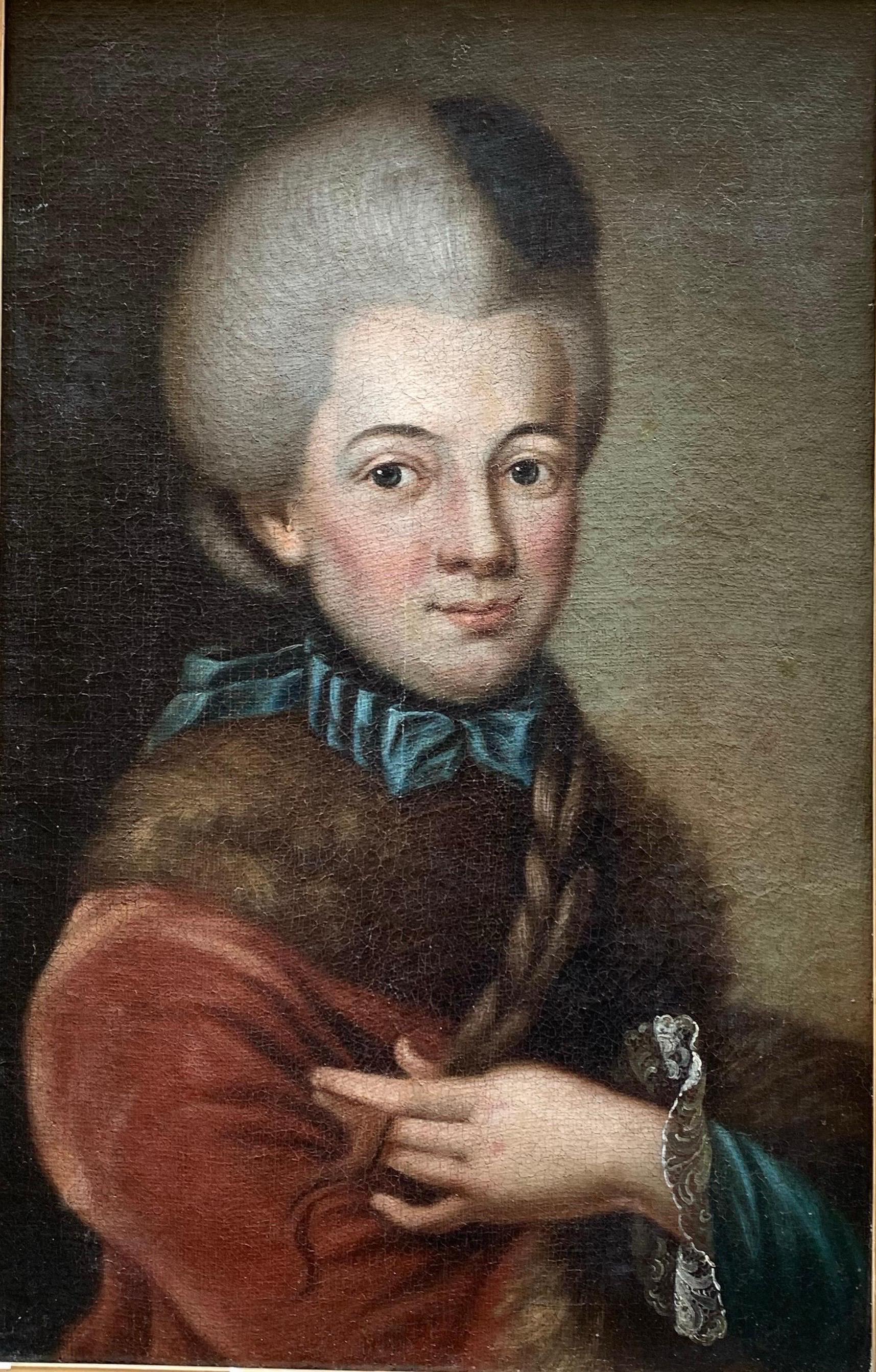 Portrait of a woman with red jacket trimmed with fur and braid German School. - Painting by Unknown