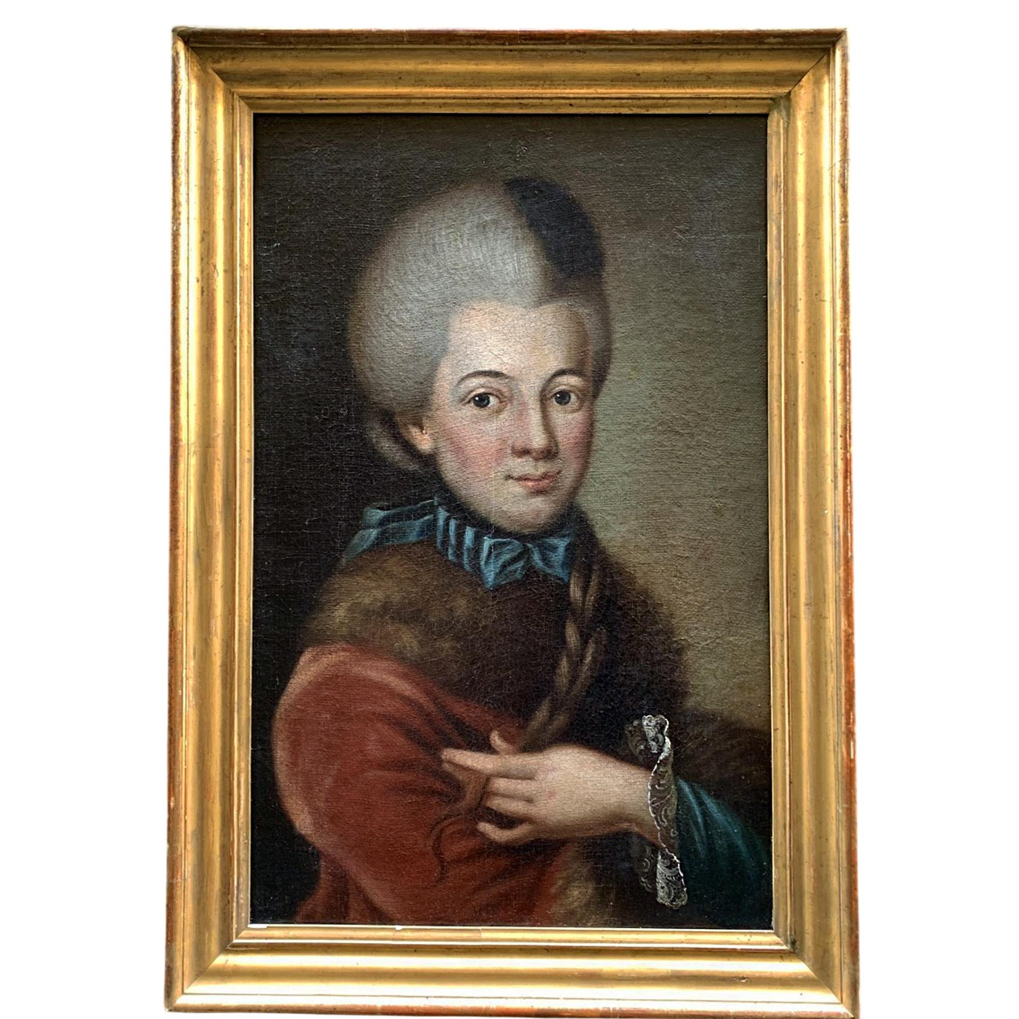 Unknown Portrait Painting - Portrait of a woman with red jacket trimmed with fur and braid German School.