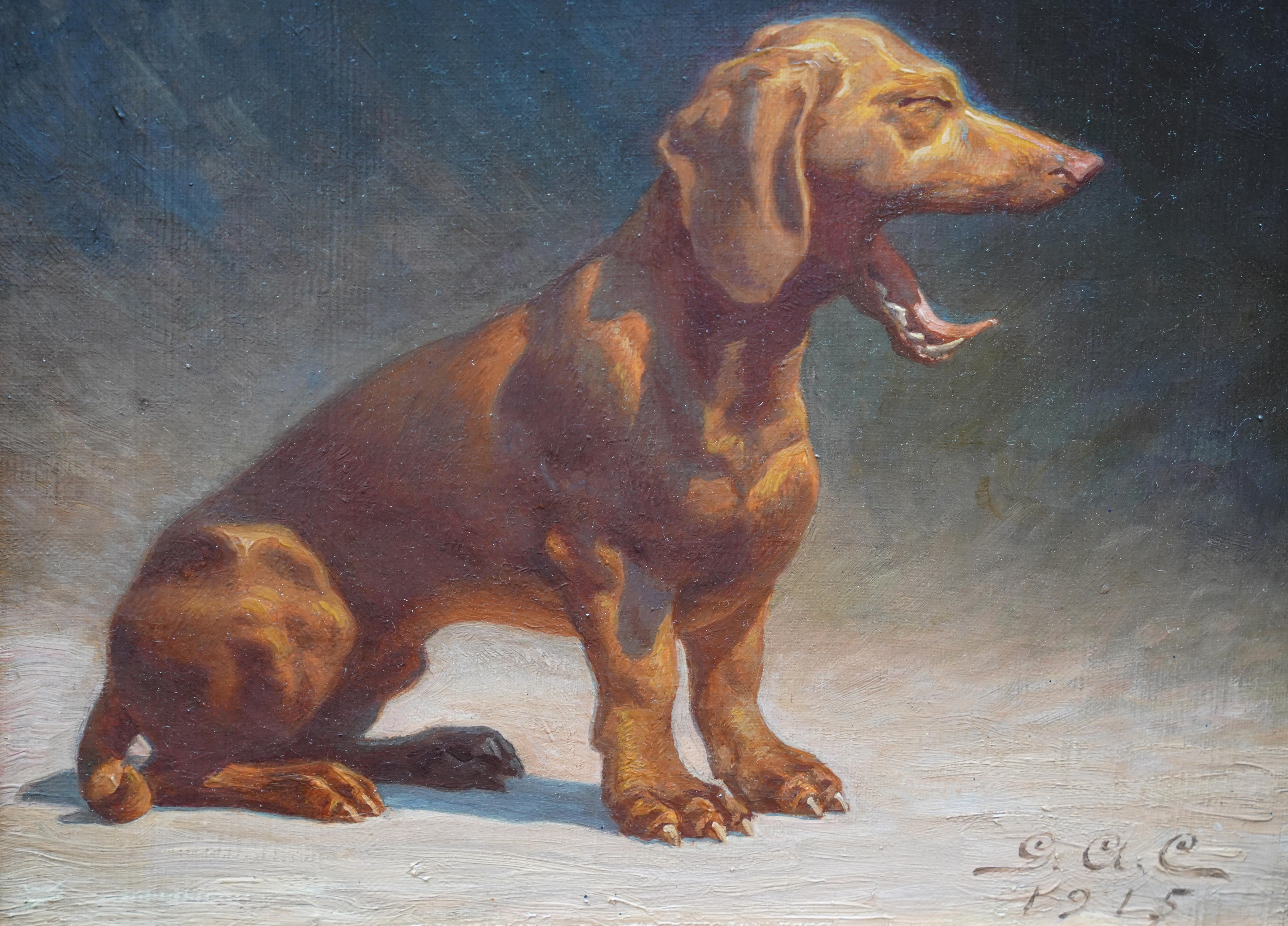 Portrait d'un Dachshund au bord d'un chauve-souris - Peinture à l'huile d'art, 1915 - Painting de Unknown