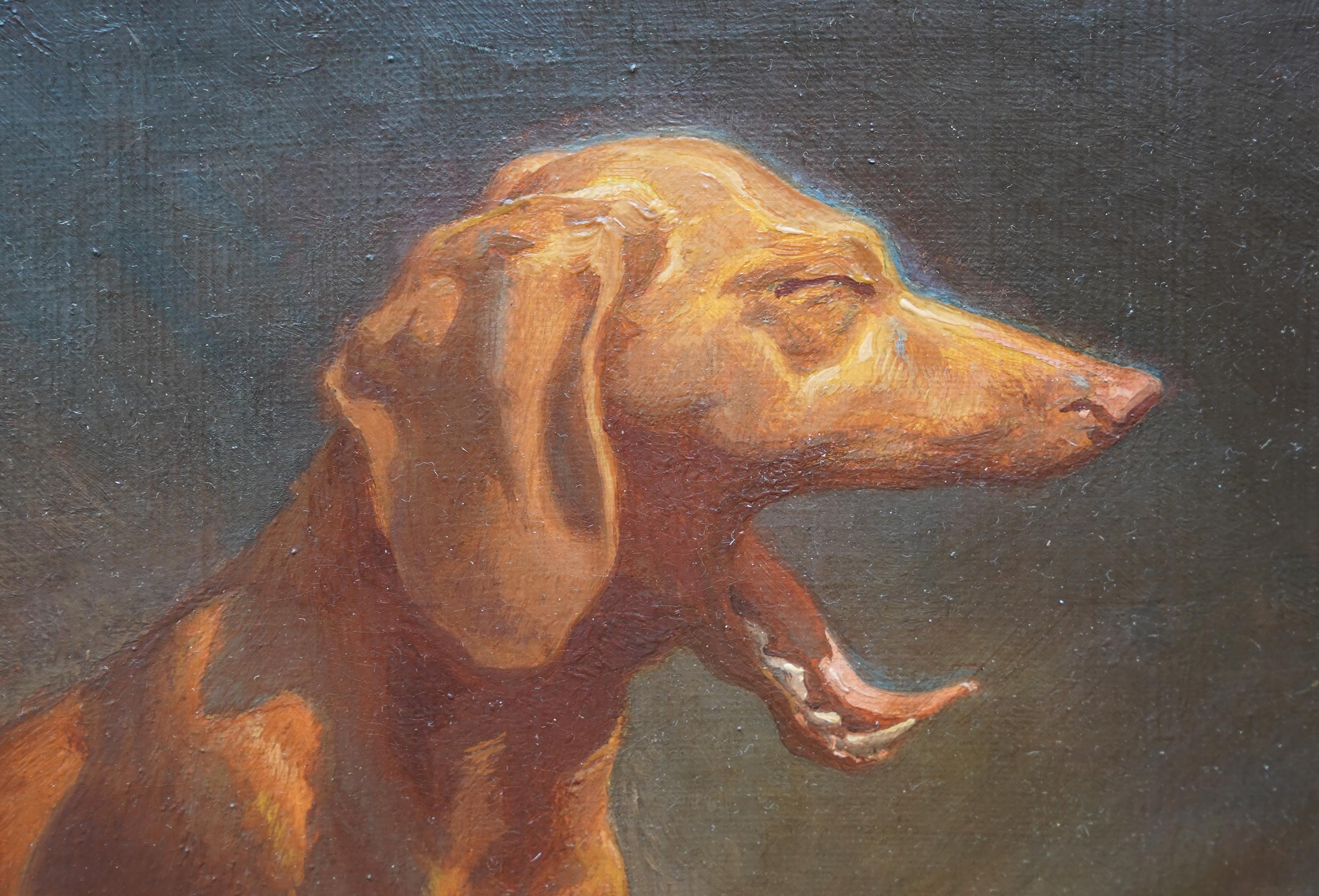 Portrait d'un Dachshund au bord d'un chauve-souris - Peinture à l'huile d'art, 1915 en vente 2