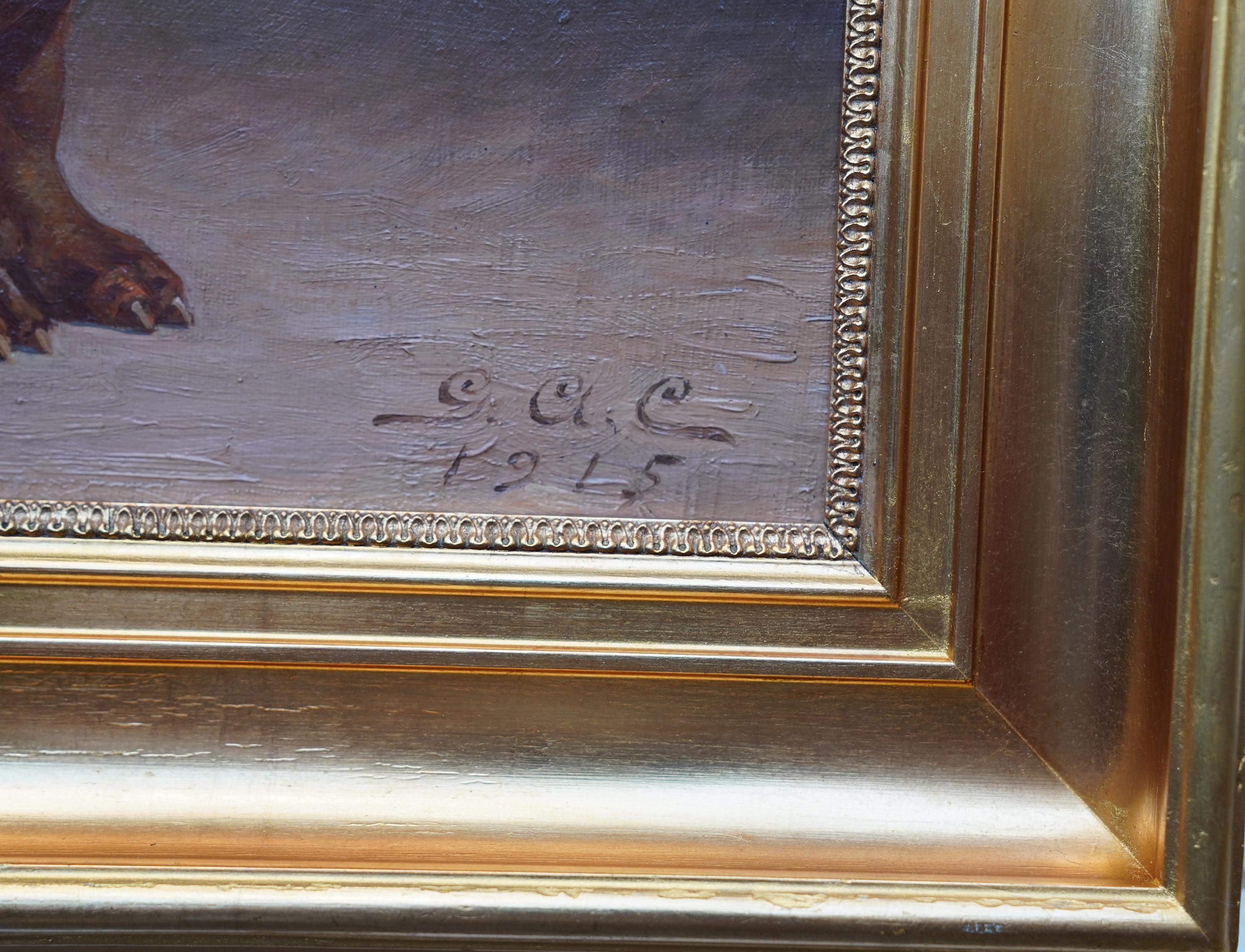 Portrait d'un Dachshund au bord d'un chauve-souris - Peinture à l'huile d'art, 1915 en vente 4