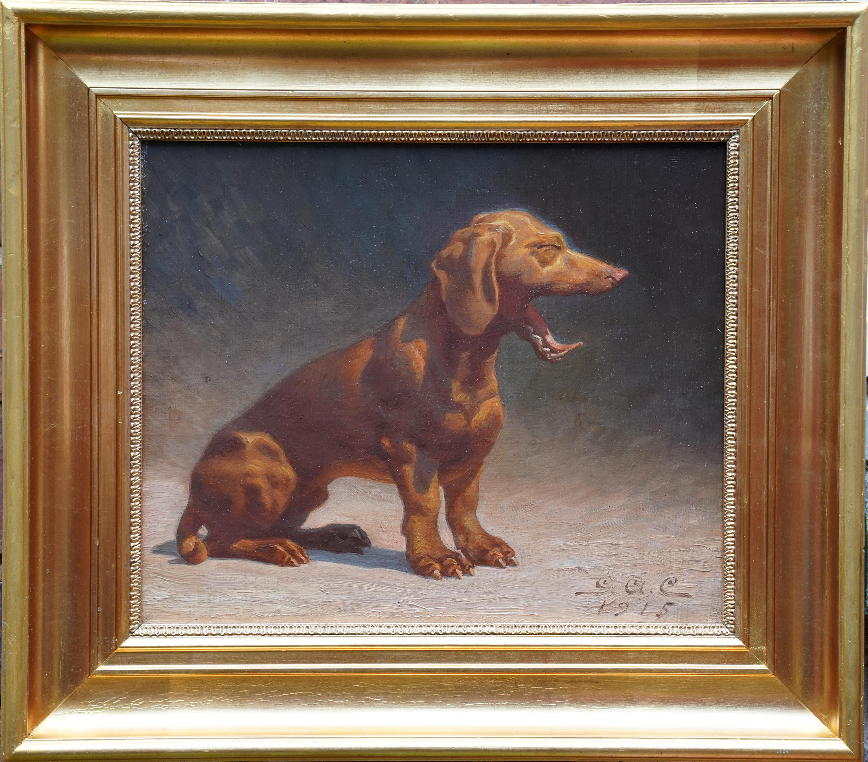 Unknown Animal Painting - Portrait of a Yawning Dachshund - Animal 1915 art oil painting