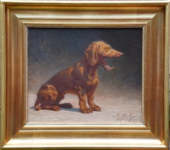 Porträt eines Yawning Dachshundes – Tier, Ölgemälde von 1915
