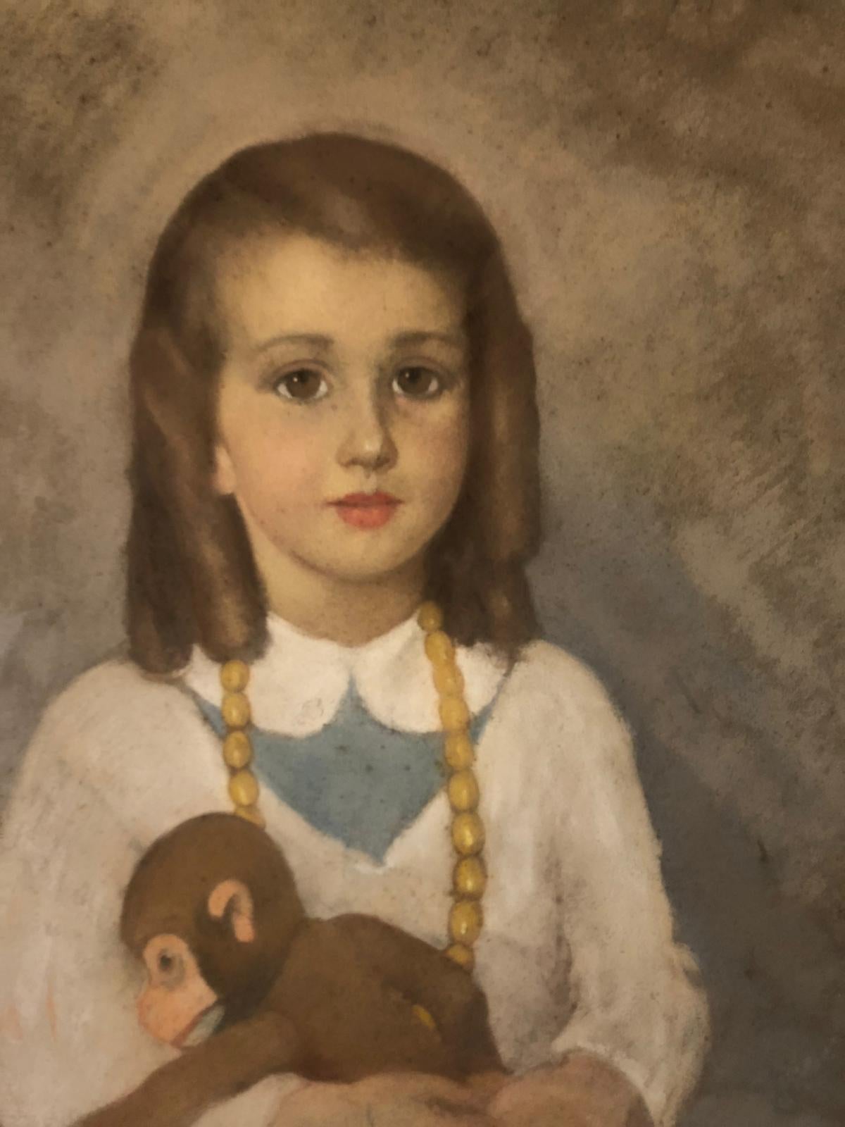 Portrait of a Young Girl 20th Century Pastel on Panel - Painting by Unknown