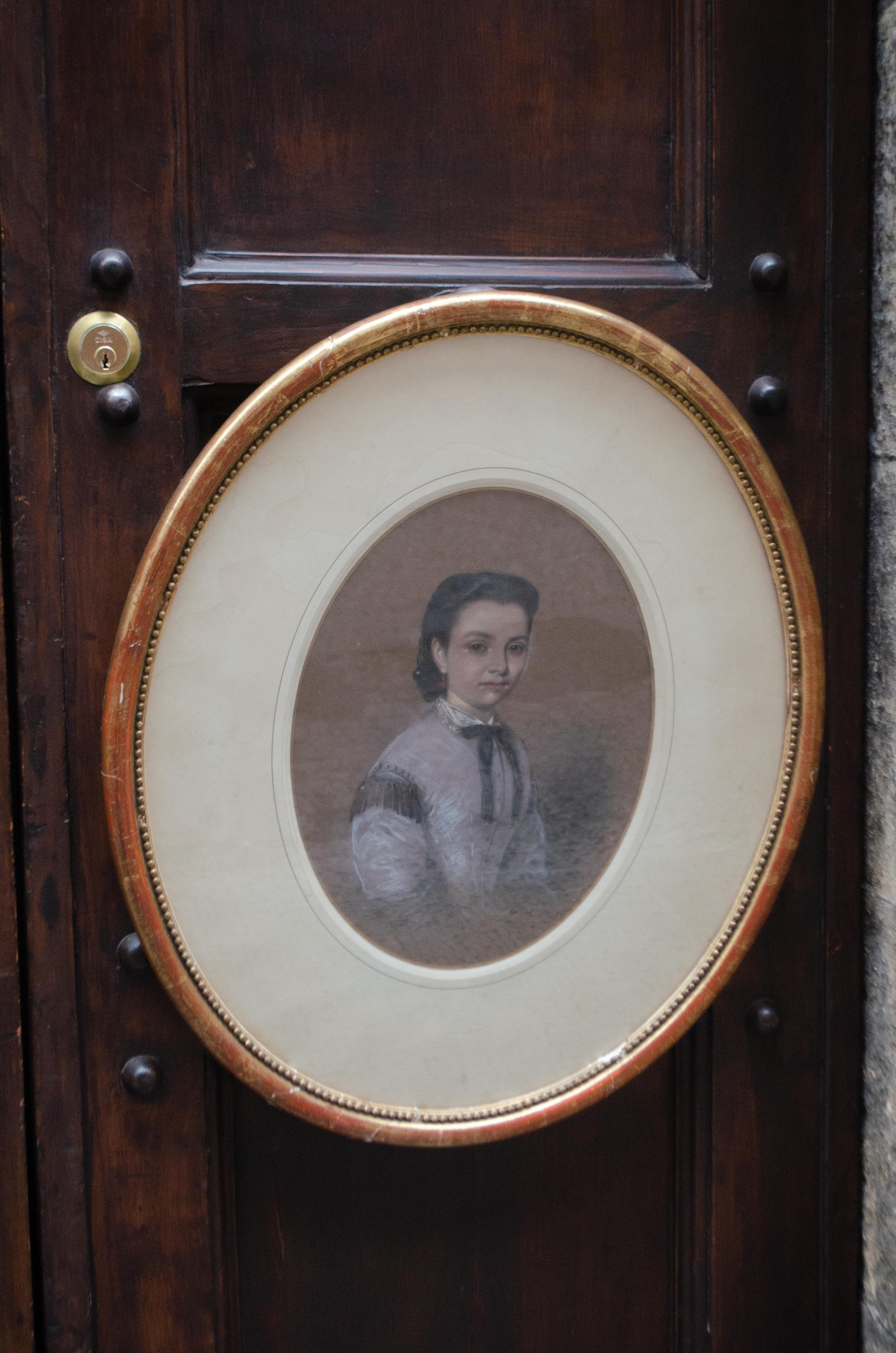 Portrait Of A Young Girl  In A Lilac Dress With A Black Bow. Circa 1860. SIgned. For Sale 2