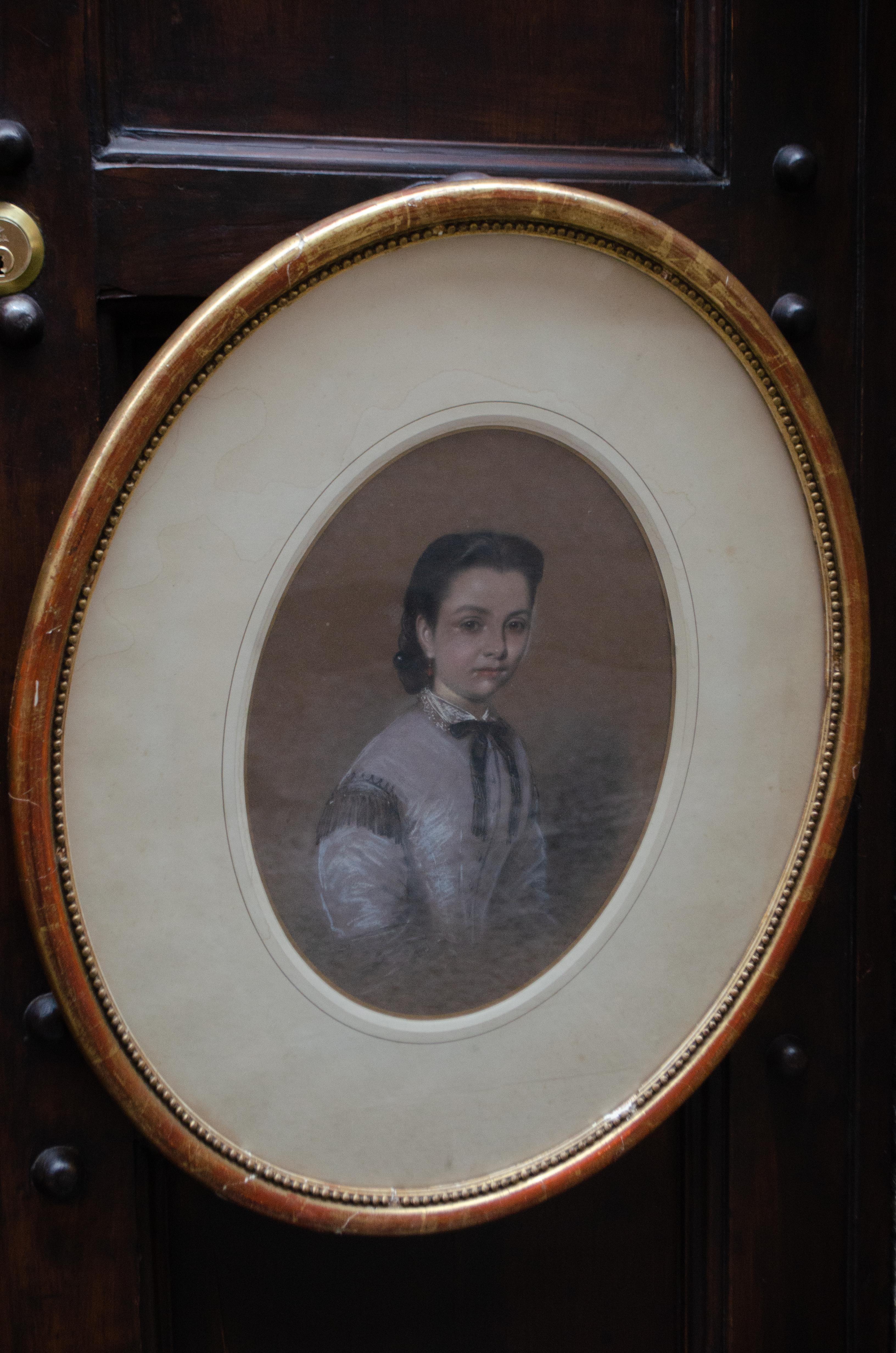 Portrait Of A Young Girl  In A Lilac Dress With A Black Bow. Circa 1860. SIgned. For Sale 3