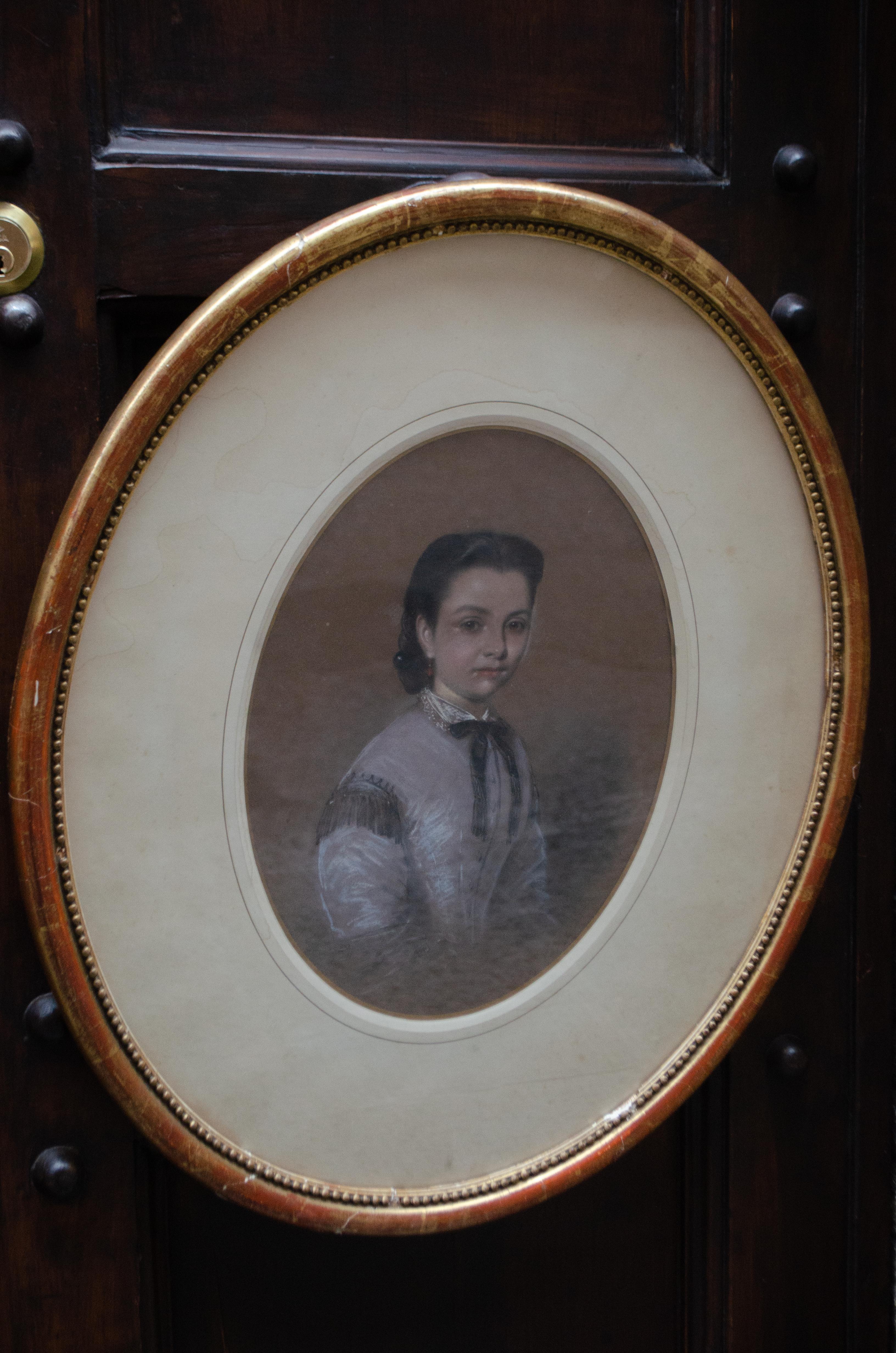 Portrait Of A Young Girl  In A Lilac Dress With A Black Bow. Circa 1860. SIgned. For Sale 4