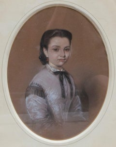 Antique Portrait Of A Young Girl  In A Lilac Dress With A Black Bow. Circa 1860. SIgned.