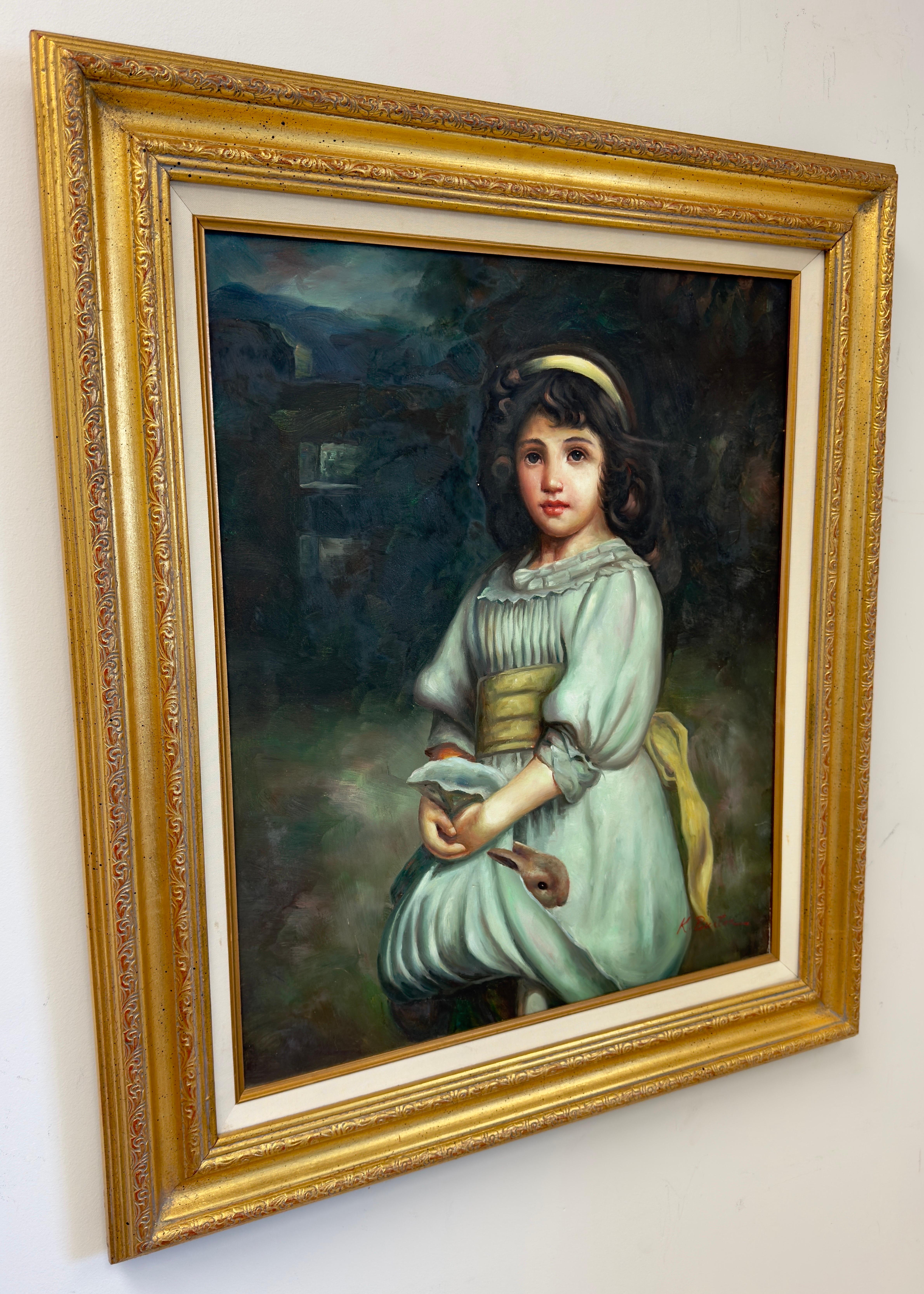 Portrait of a Young Girl Oil on Canvas By K. Burton, Signed and Framed - Impressionist Painting by Unknown