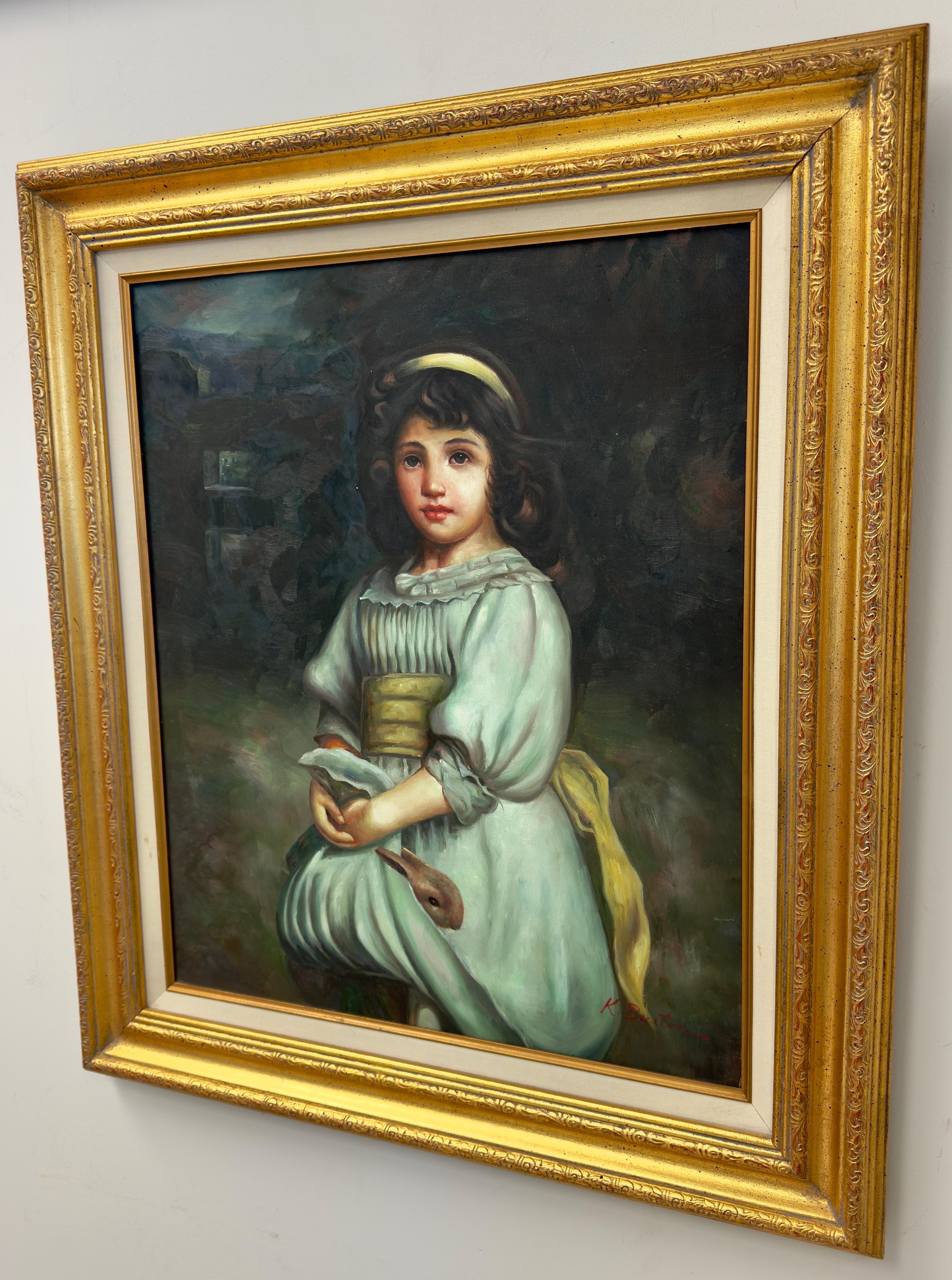 A lovely portrait of a young girl wearing a light green dress with a yellow belt and her hair embellished with yellow ribbon against a dark background.  The oil on canvas portrait is signed by the artist in red in the bottom right  