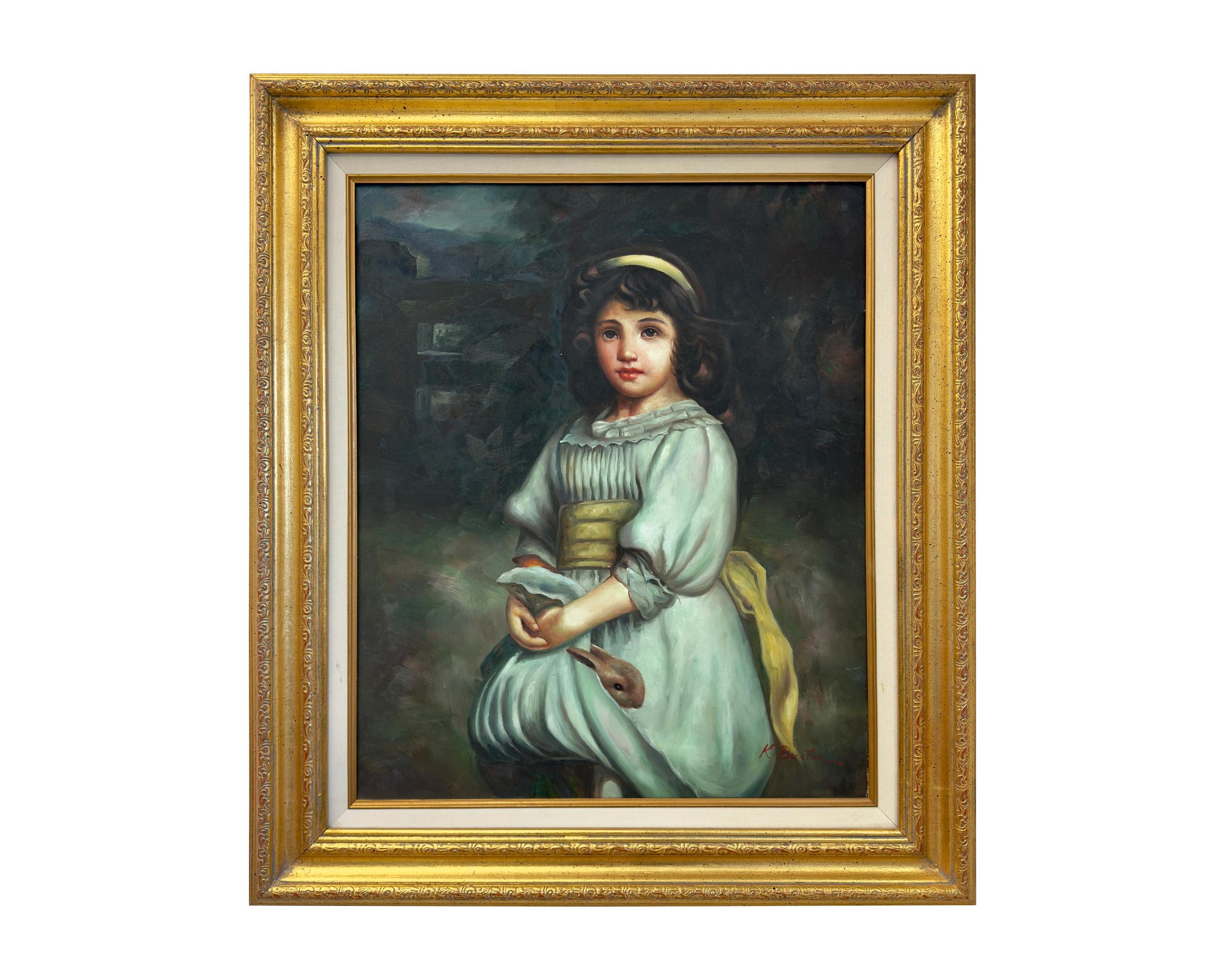 Portrait Painting Unknown - Portrait d'une jeune fille, huile sur toile de K. Burton, signée et encadrée