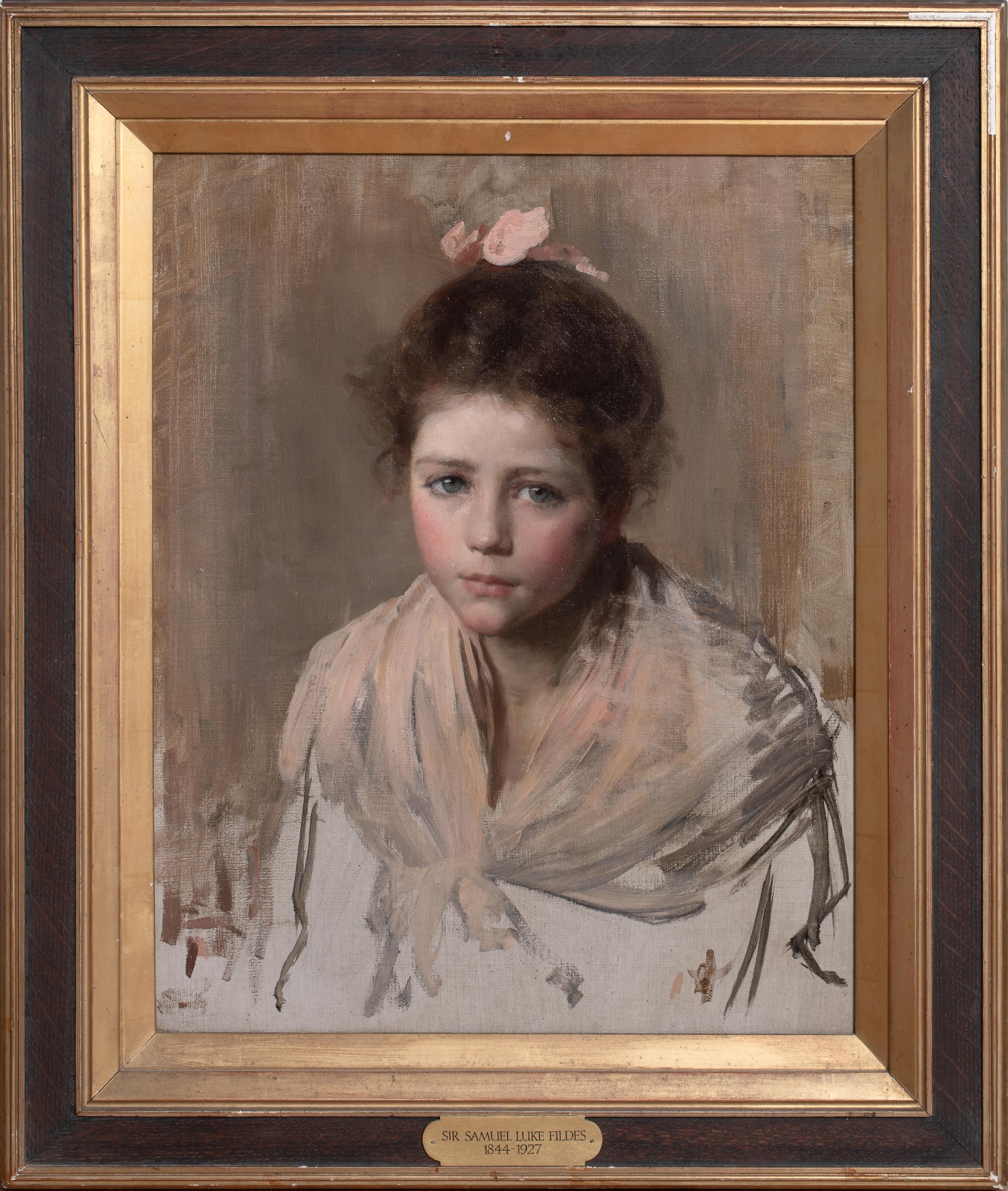 Unknown Portrait Painting - Portrait Of A Young Girl Wearing A Pink Bow & Shawl, 19th Century Samuel Fildes