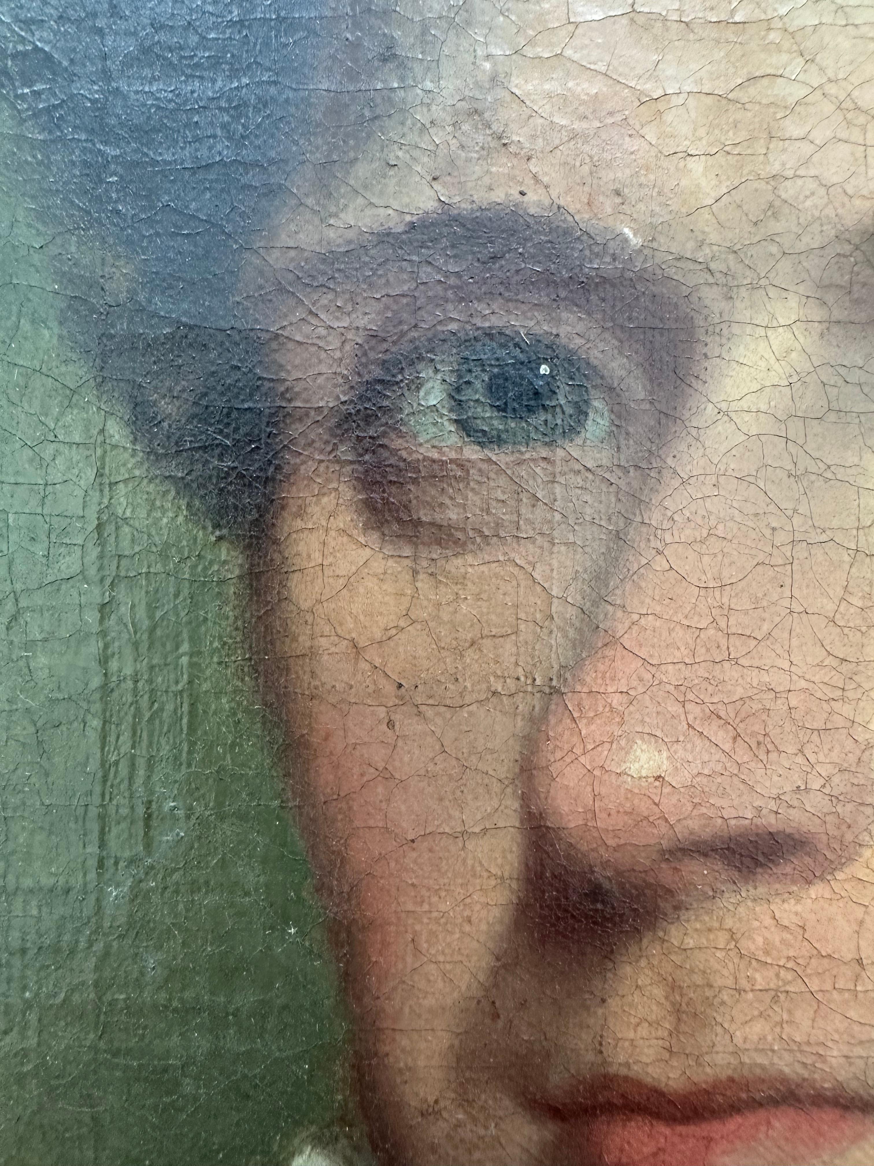 Bellissimo ritratto maschile, 1840 circa. olio su tela montato su pannello di masonite, l'immagine misura 15 x 21 pollici; 20 x 26 pollici incorniciata. Non firmato e non attribuito. Alcune conservazioni nelle aree superiori dello sfondo. 