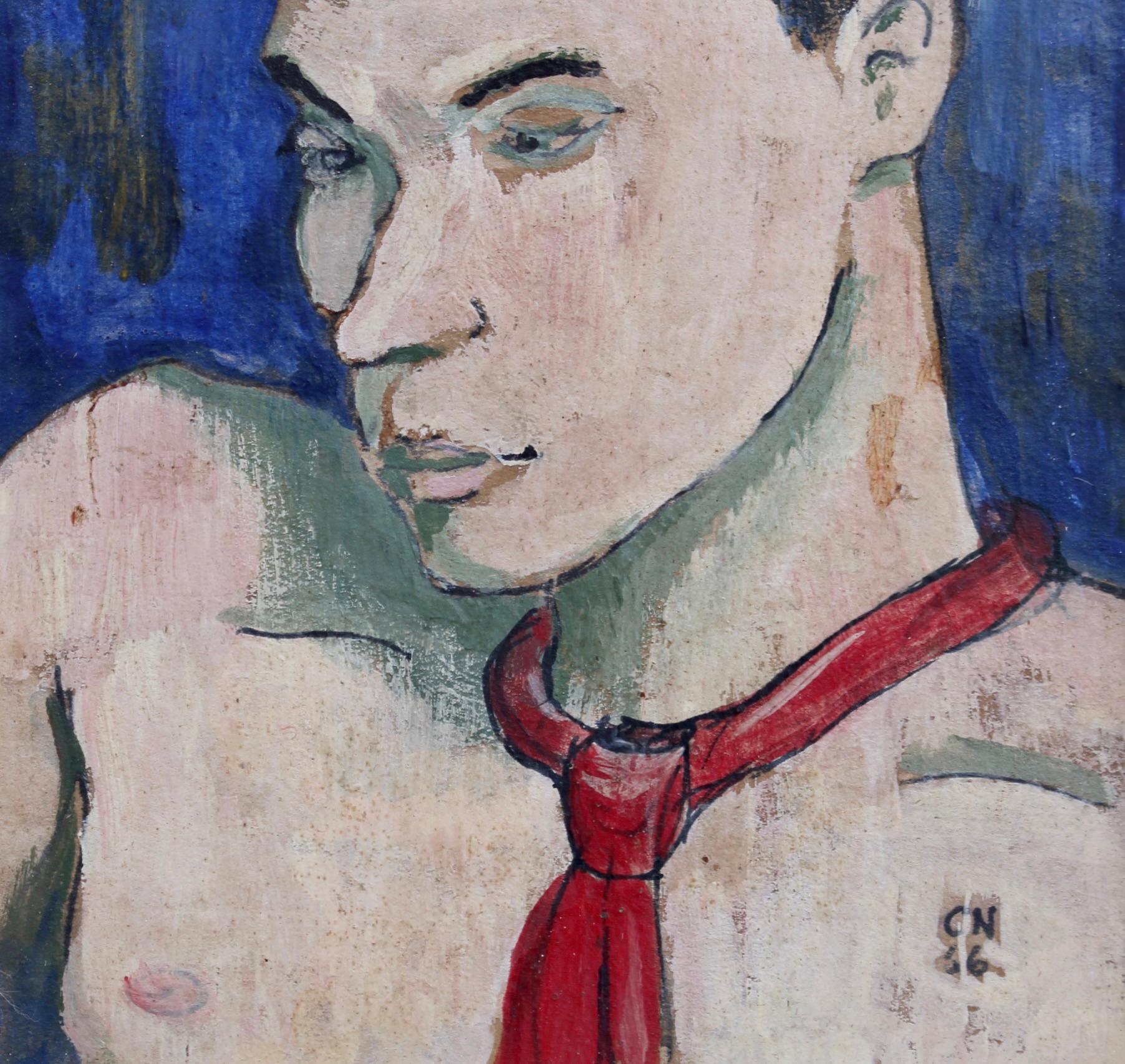 Ritratto di giovane uomo con cravatta rossa, gouache e inchiostro su carta d'arte, Scuola francese (1956). Entra nel mondo dell'arte europea della metà del XX secolo con un ritratto sorprendente che cattura sia l'eleganza che il fascino. Dipinto nel