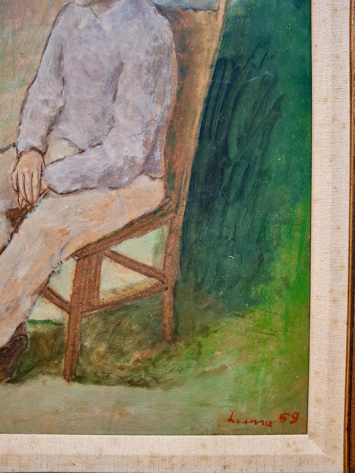Realizado con la elegancia desenfadada del retrato de una mujer de la alta sociedad de mediados de siglo destinado a su suite principal de Palm Beach, el sujeto de esta obra es, en cambio, un hombre joven. La firma del artista es indescifrable, y