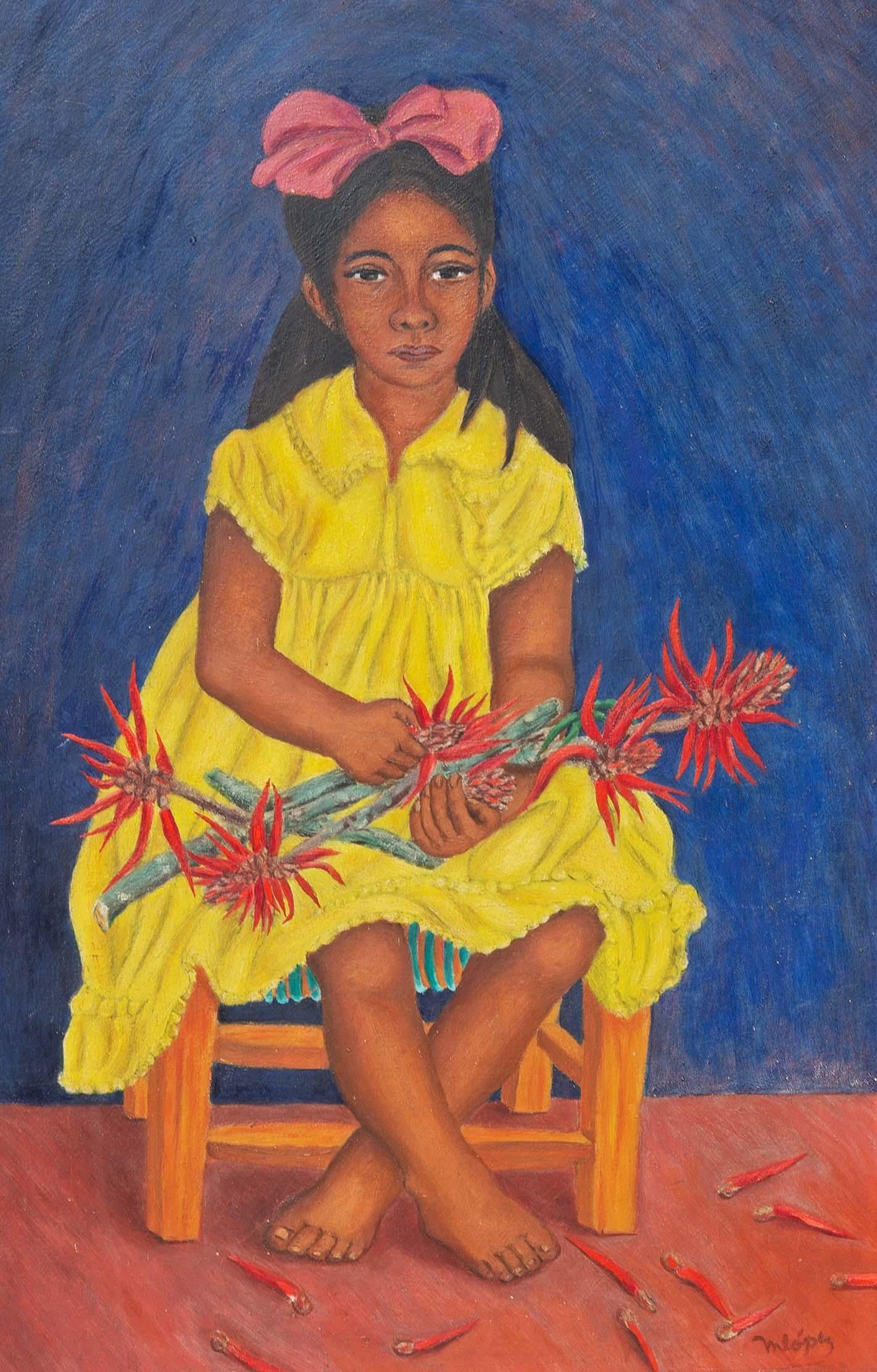 Unknown Portrait Painting - Portrait of a Young Mexican girl Picking Chili Peppers Dated 1952 