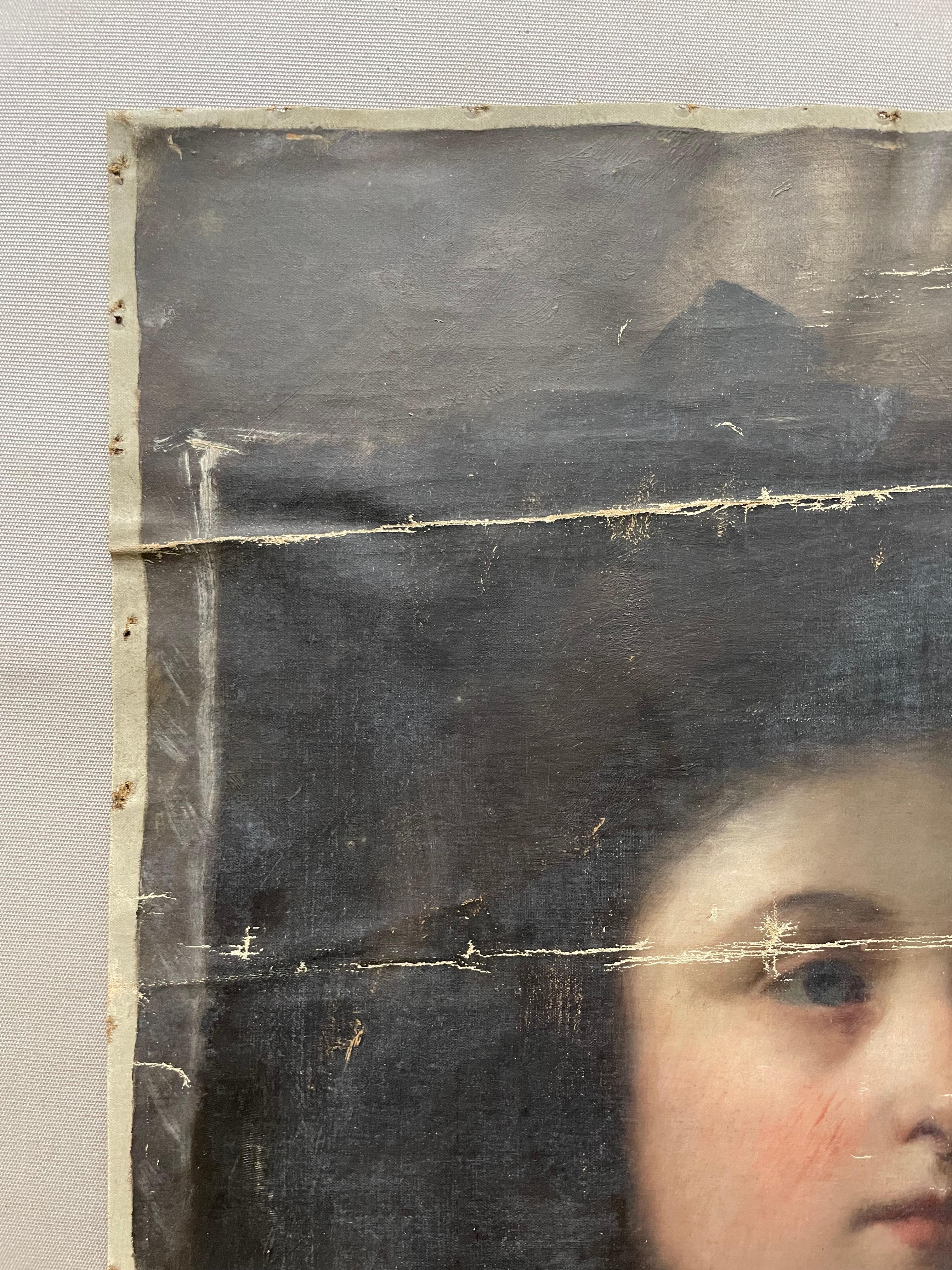 Portrait d'une jeune femme.
Huile sur toile, fin du XIXe siècle.
Toile sans cadre.
Foldes et pertes de peinture, usures, légères dépigmentations sur les tons foncés.
45 x 37 cm