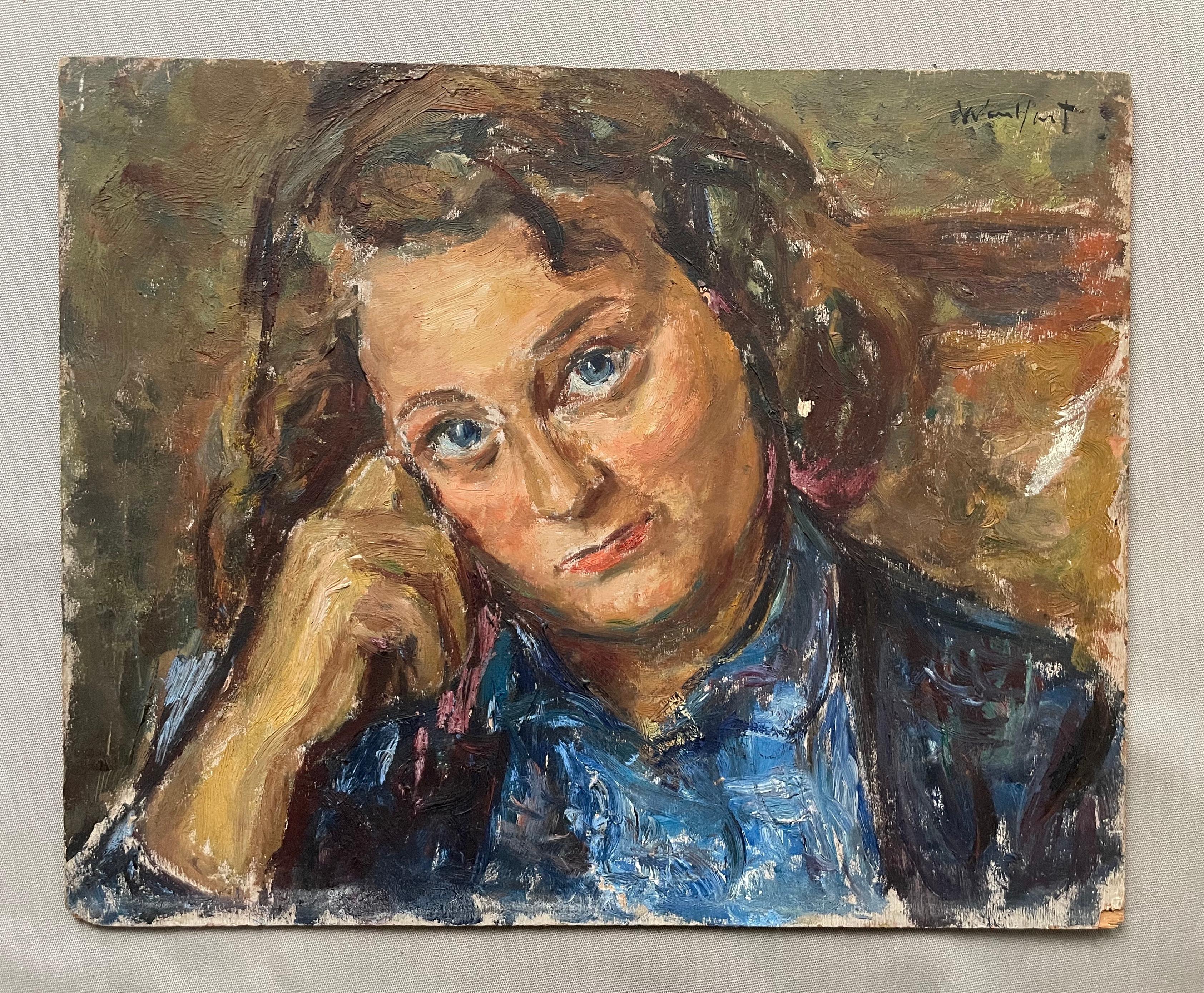 Ritratto di giovane donna, olio su pannello, firma da identificare - Painting di Unknown