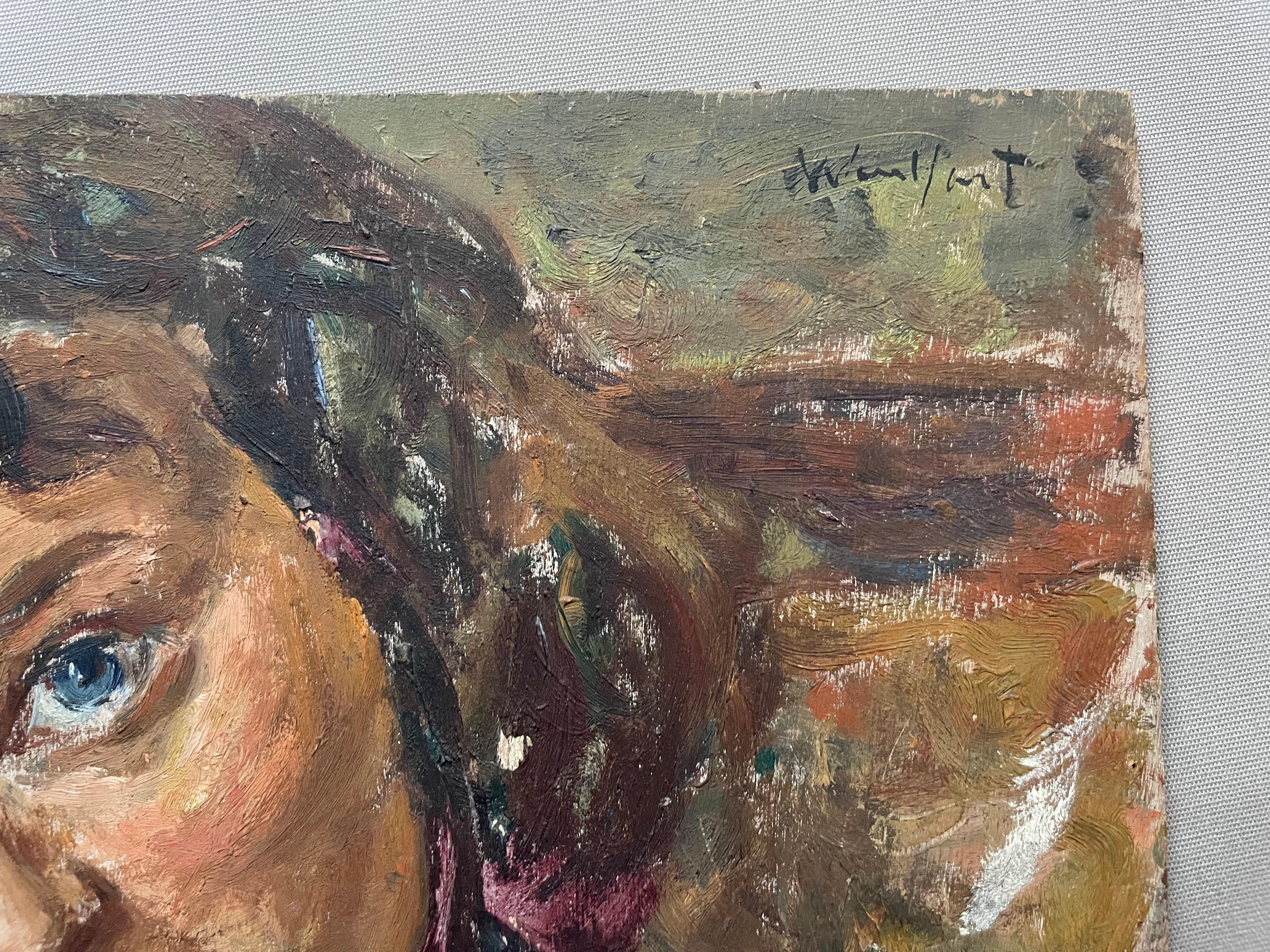 Ritratto di giovane donna, olio su pannello, firma da identificare 1