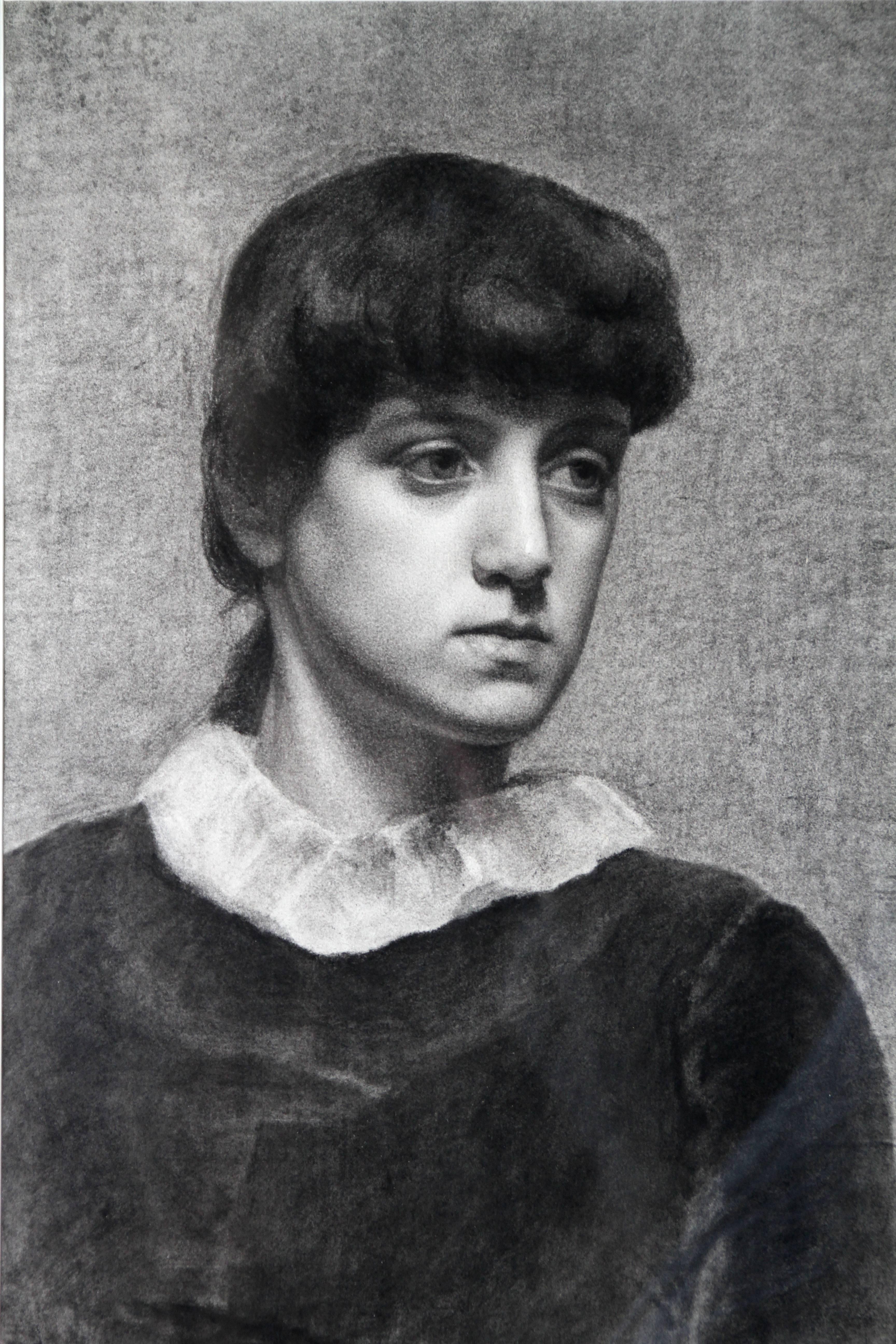 Portrait of a Young Woman - Pre-Raphaelite Victorian drawing girl white collar - Painting by Unknown