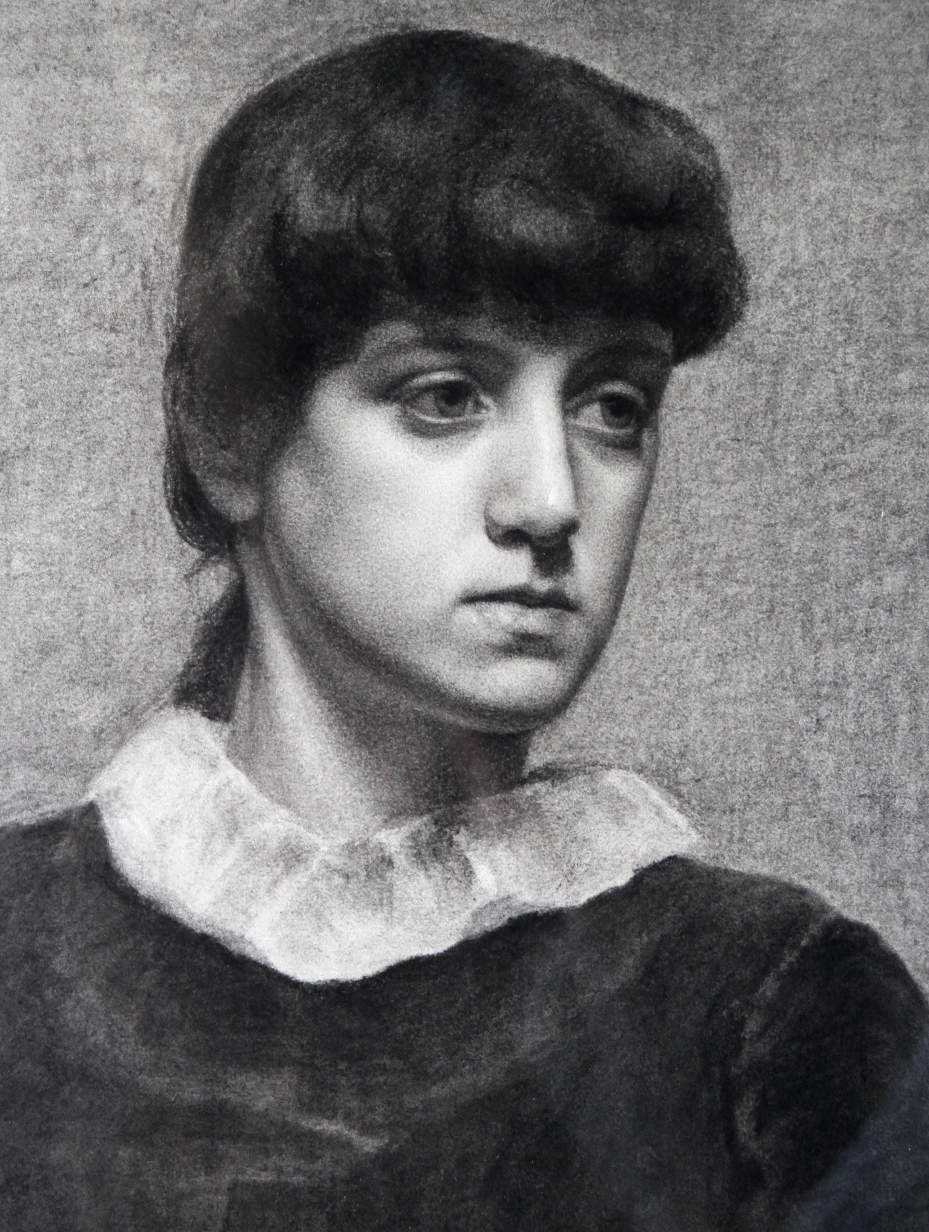 This beautiful Victorian pencil drawing dates to around 1890 and is by an unknown hand. It is a head and shoulders portrait of a young lady gazing to her right. Her dark hair is tied back and she wears a white collar over her dress. Her facial