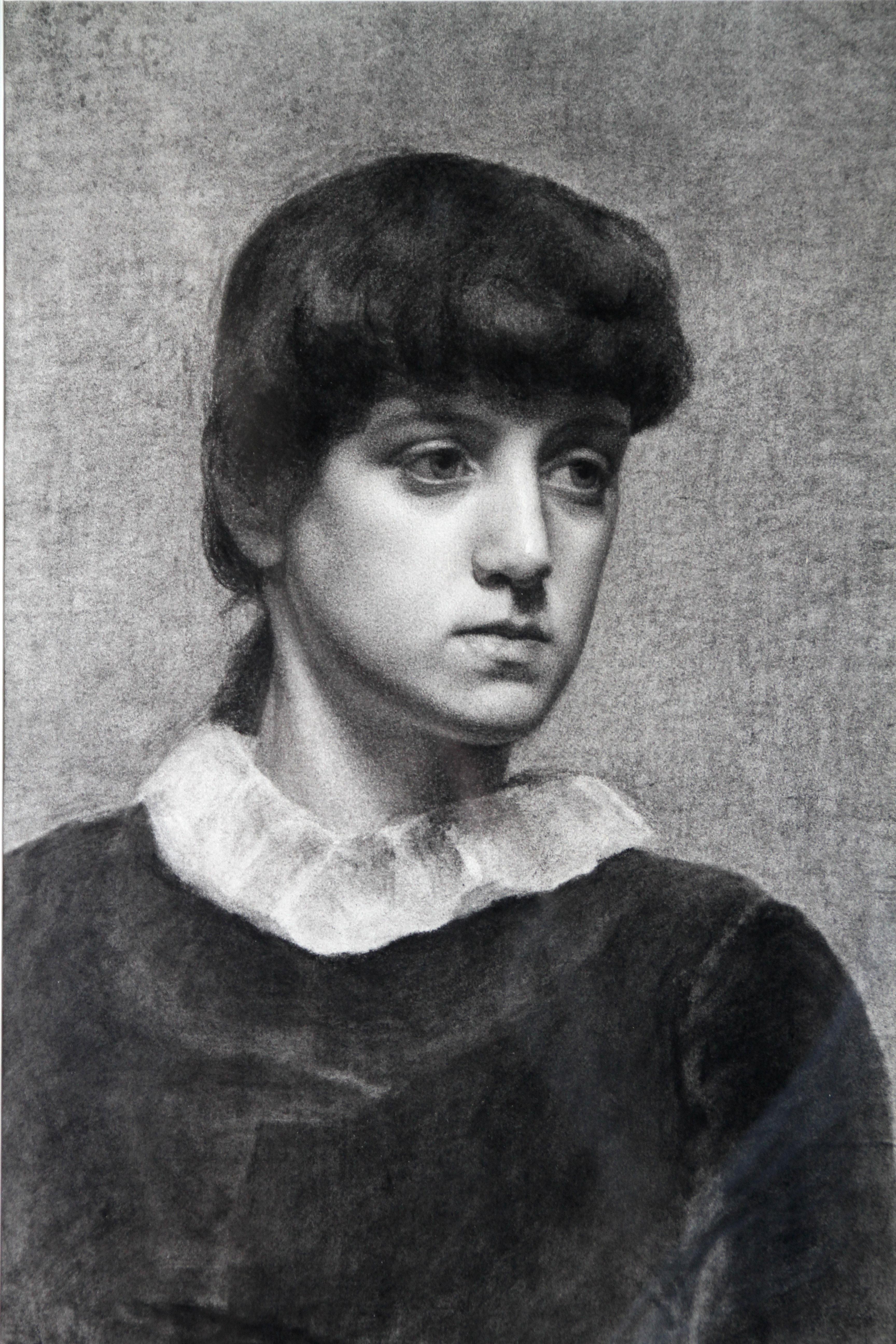 Portrait of a Young Woman - Pre-Raphaelite Victorian drawing girl white collar For Sale 4