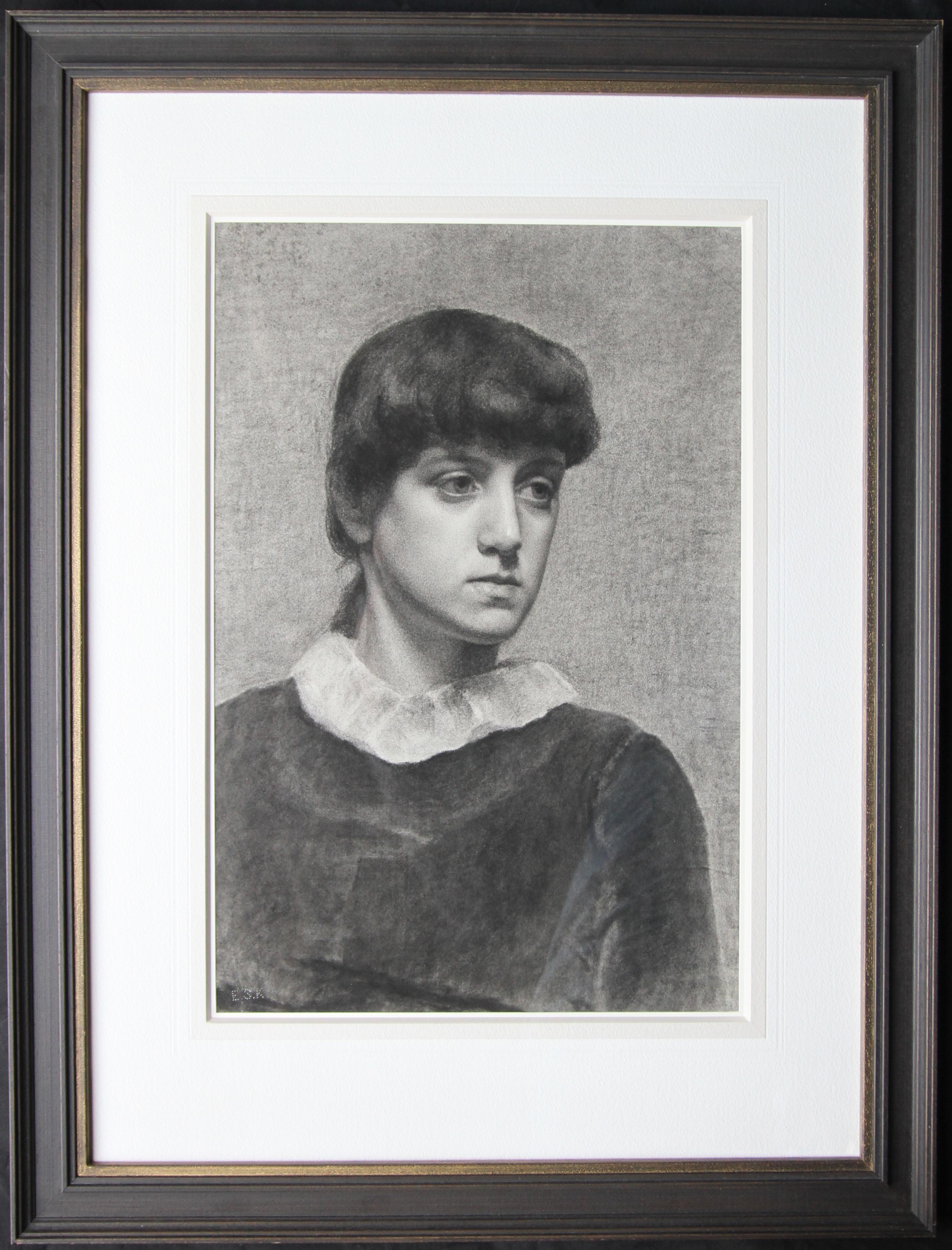 Portrait of a Young Woman - Pre-Raphaelite Victorian drawing girl white collar For Sale 5