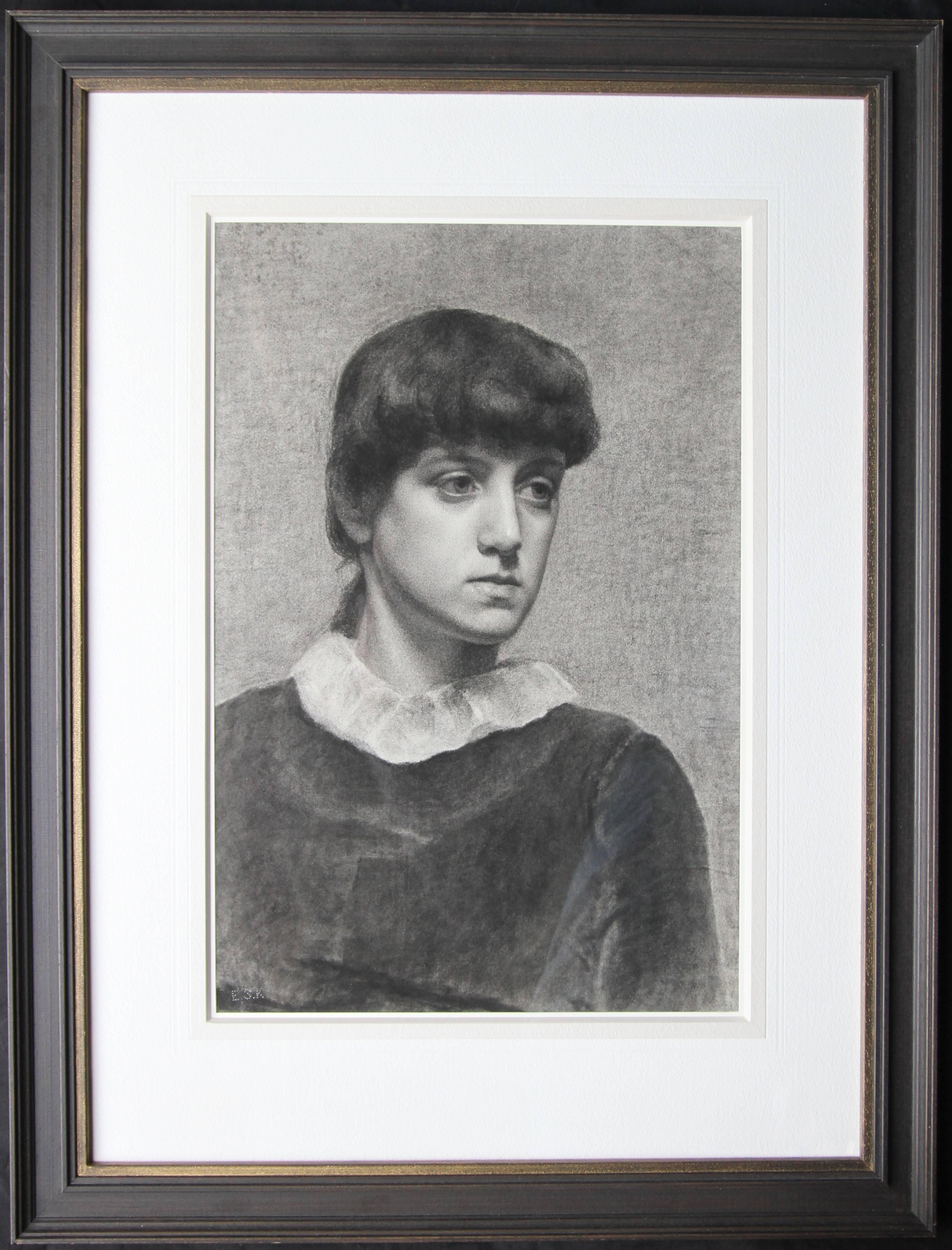 Portrait Painting Unknown - Portrait d'une jeune femme - préraphaélite - col blanc de dessin victorien