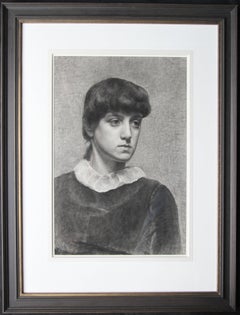 Antique Portrait of a Young Woman - Pre-Raphaelite Victorian drawing girl white collar