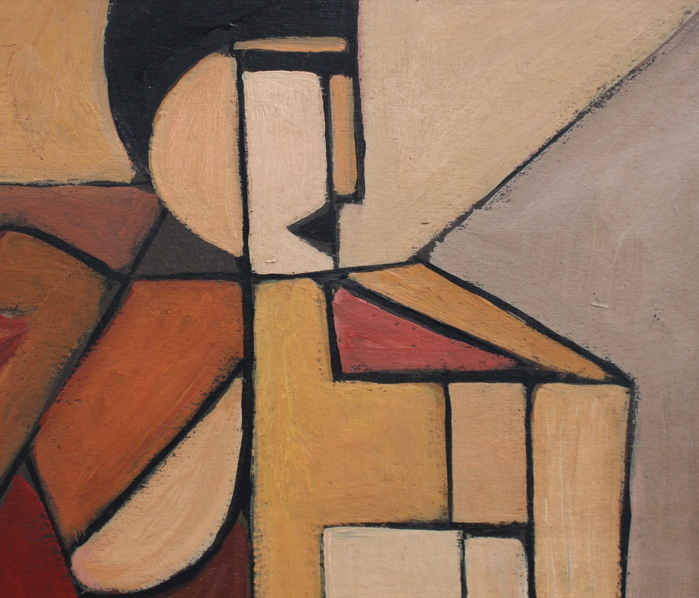 'Portrait of Abstract Man, oil on board, Berlin School by artist with initials A.M. (circa 1960s). A splendid cubist depiction, this is a warm portrait of a male figure in geometric perspective. The earth-tone hues - brown, beige, clay, hazy purple
