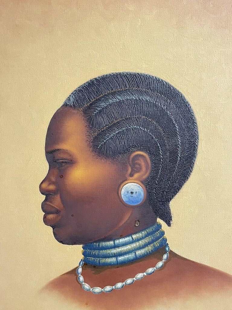 Artist/ School: The work is signed and dates to the 1970's period.

Title: Portrait of an Africa Woman, believed to be from Tanzania (according to previous owner).

Medium: oil painting on board, framed

Size:     frame:  21.75 x 18.75 inches 
     