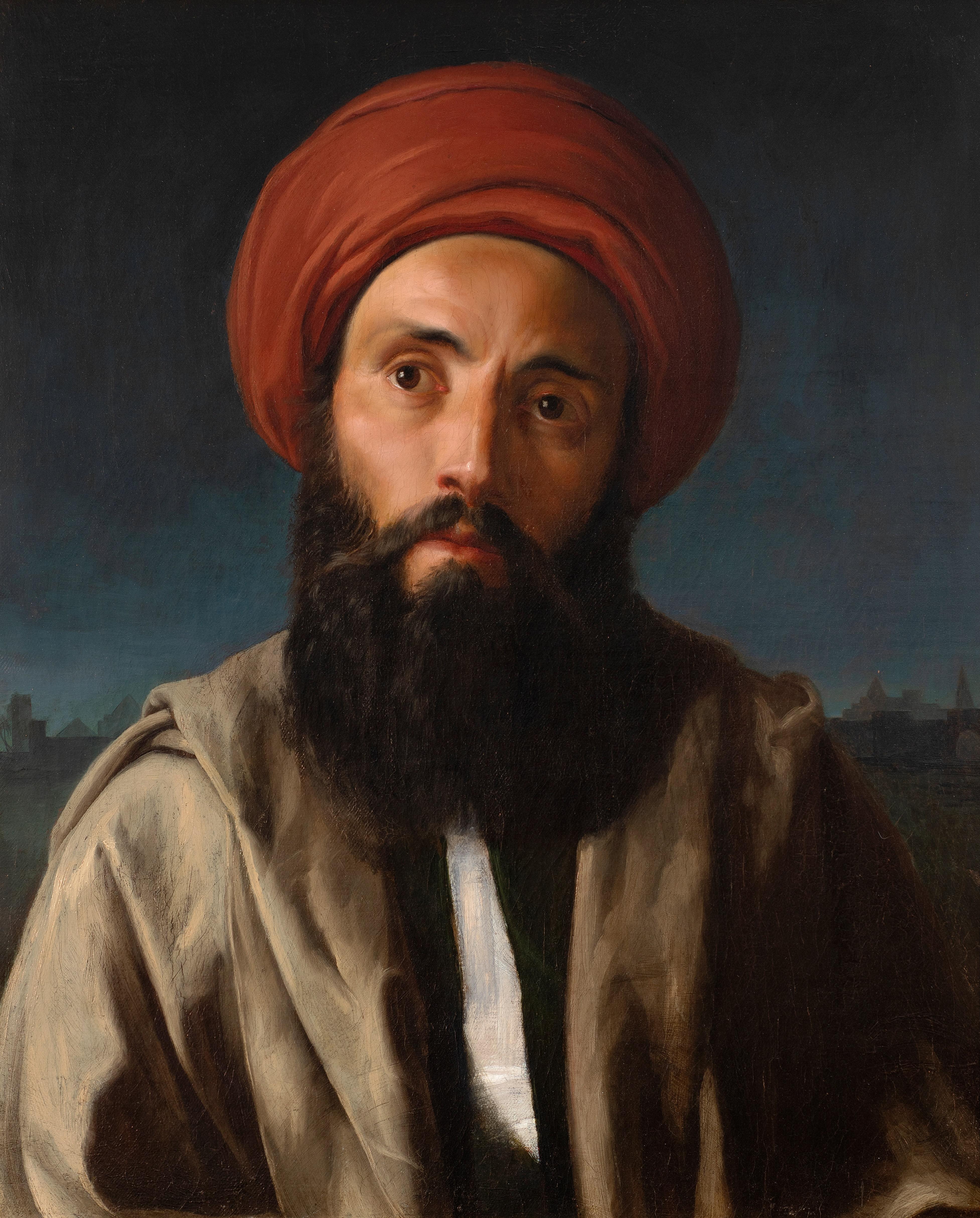 Portrait of an Arab, with pyramids beyond - Painting by Unknown