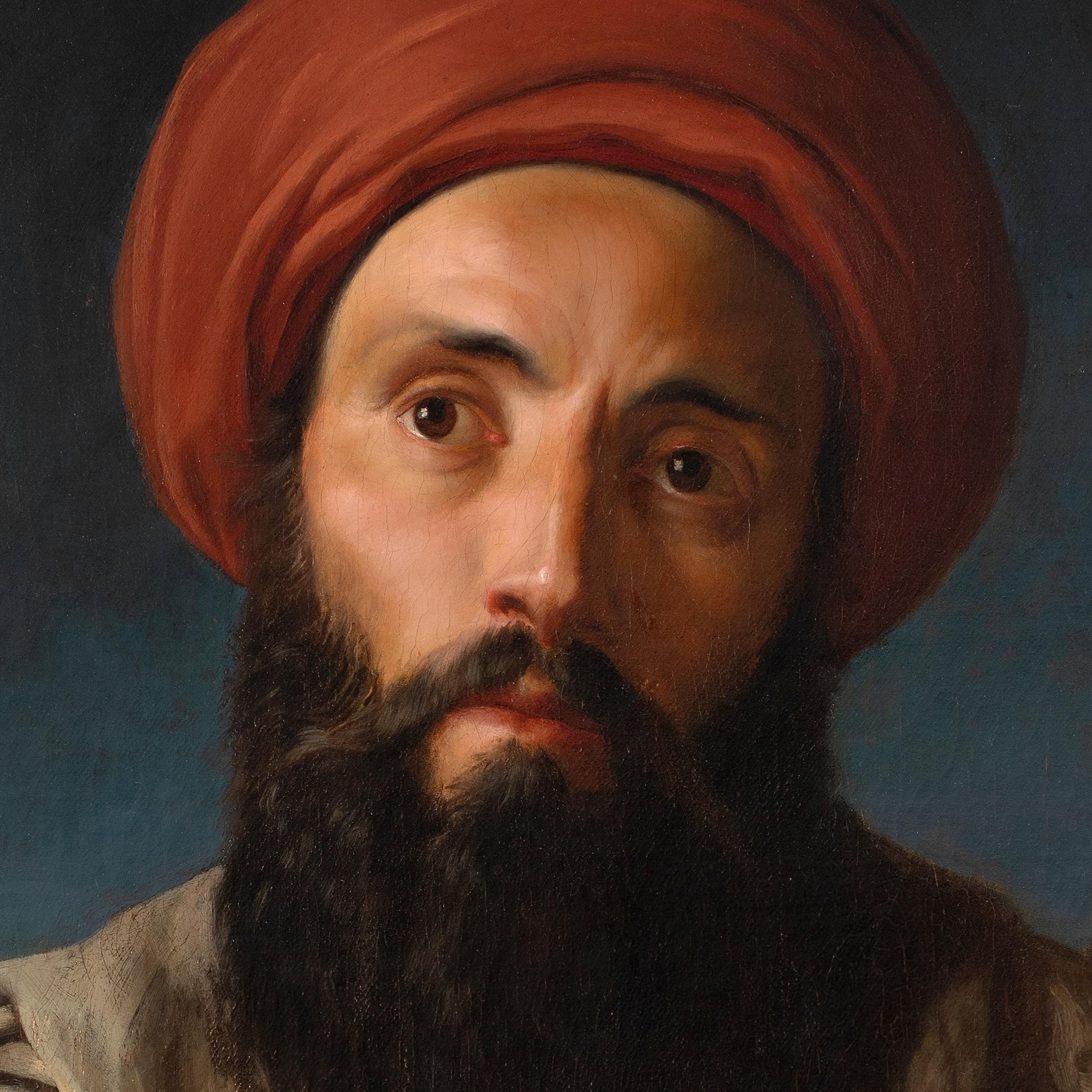 Portrait of an Arab, with pyramids beyond - Black Portrait Painting by Unknown