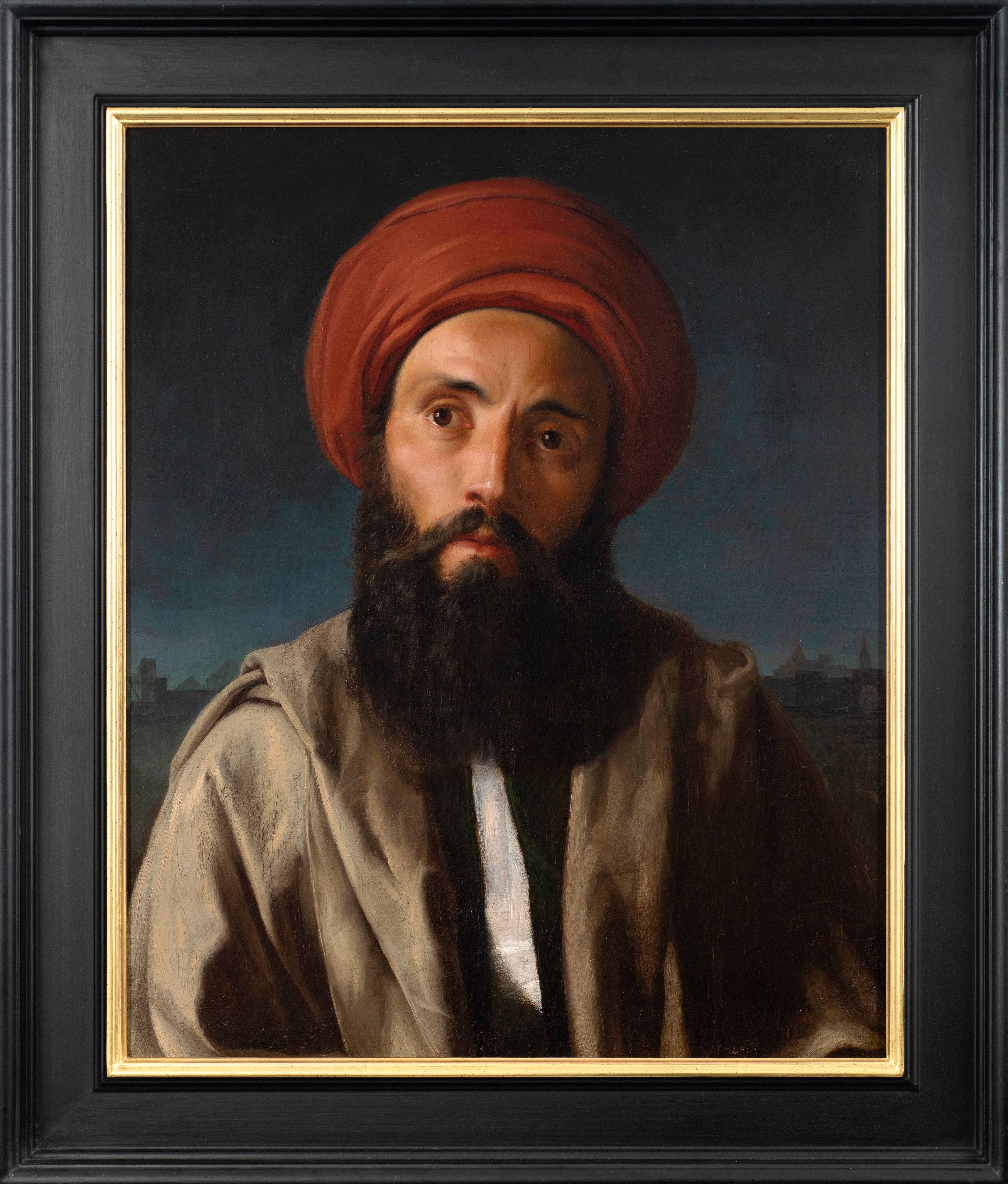 Unknown Portrait Painting - Portrait of an Arab, with pyramids beyond