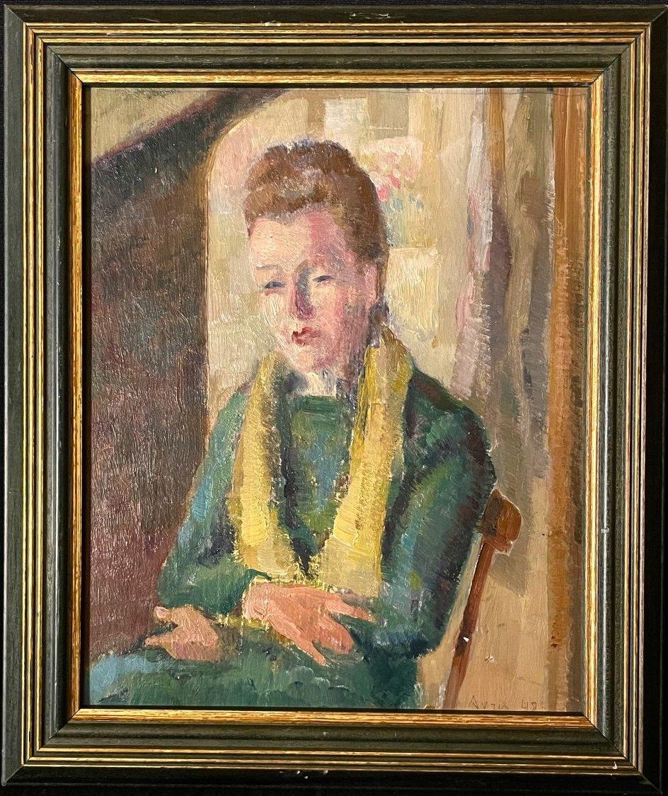 Portrait of an elegant with yellow scarf, original oil paint, post-impressionist