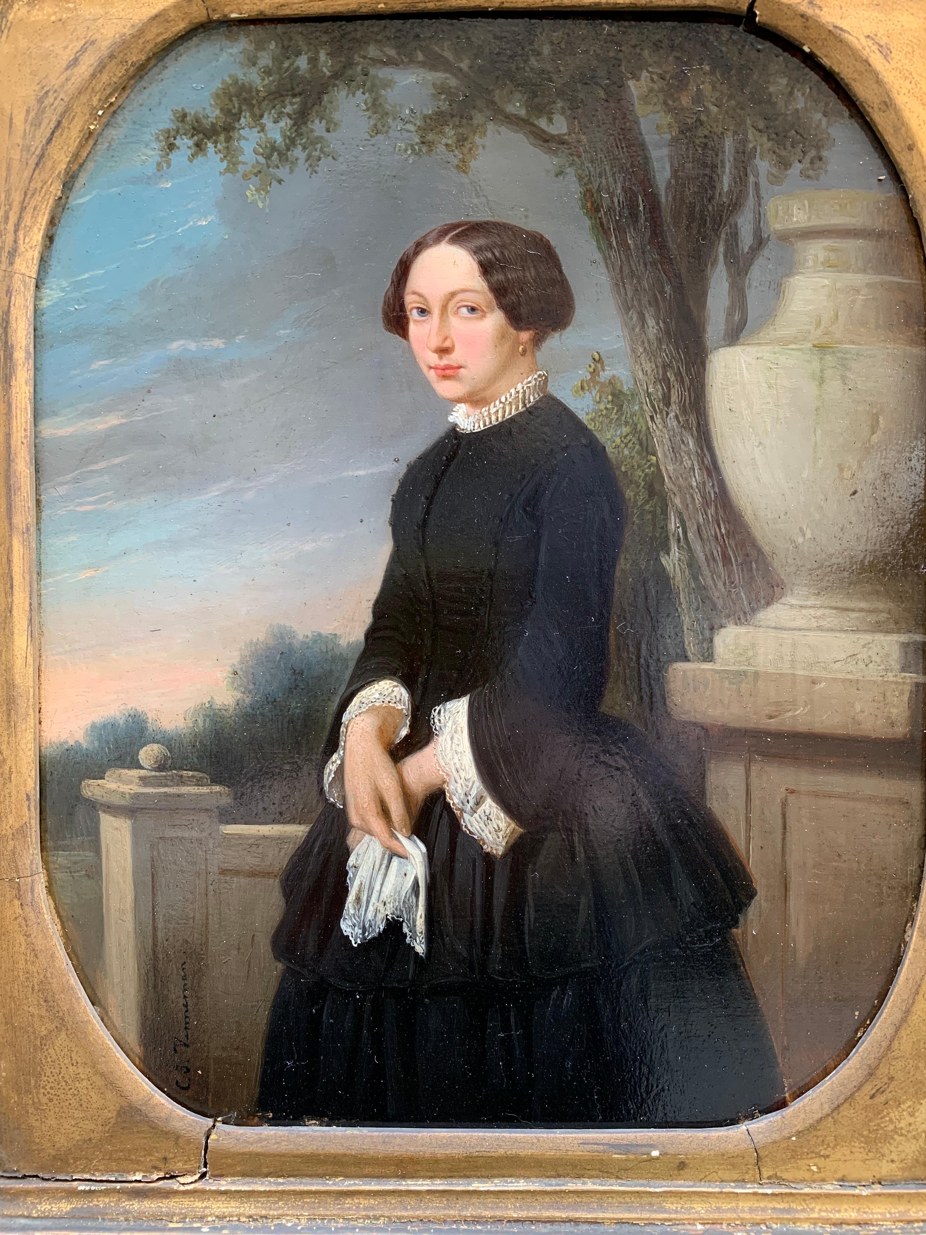 Portrait of an elegant woman in the park at sunset.  Circa 1845 - Painting by Unknown