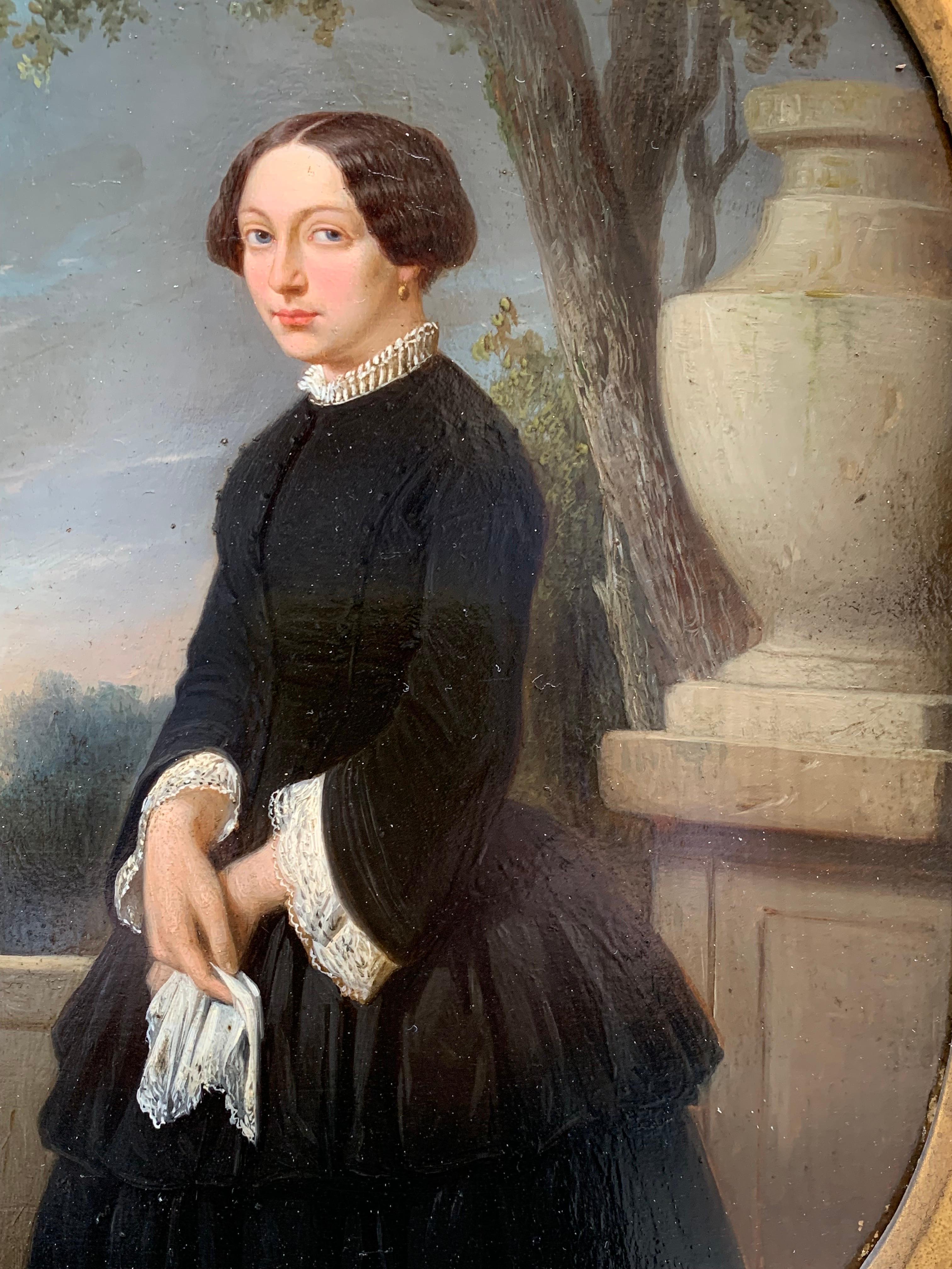 Portrait of an elegant woman in the park at sunset.  Circa 1845 - Romantic Painting by Unknown