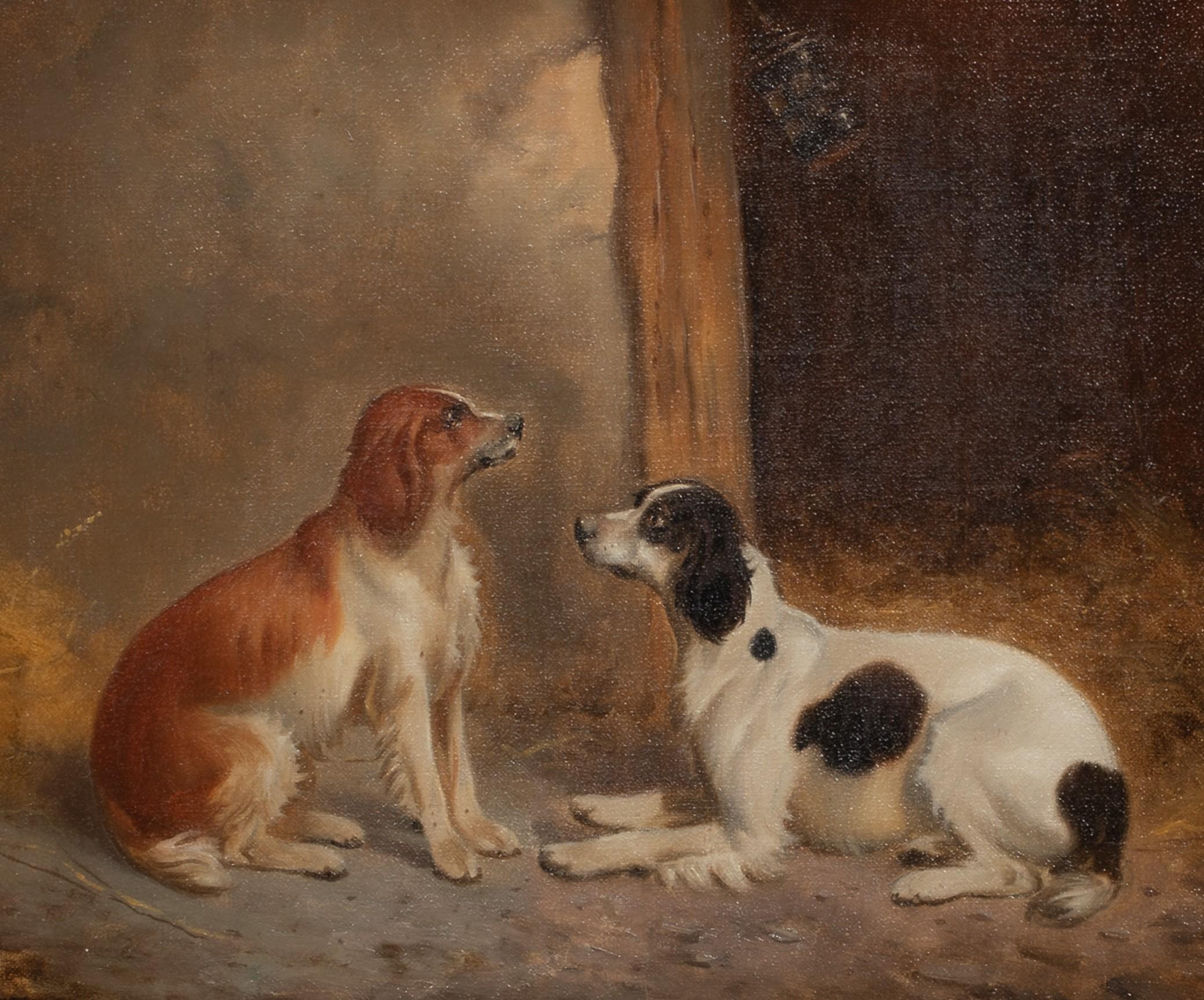 Portrait Of An English & A Welsh Spaniel In A barn, 19th Century  - Painting by Unknown