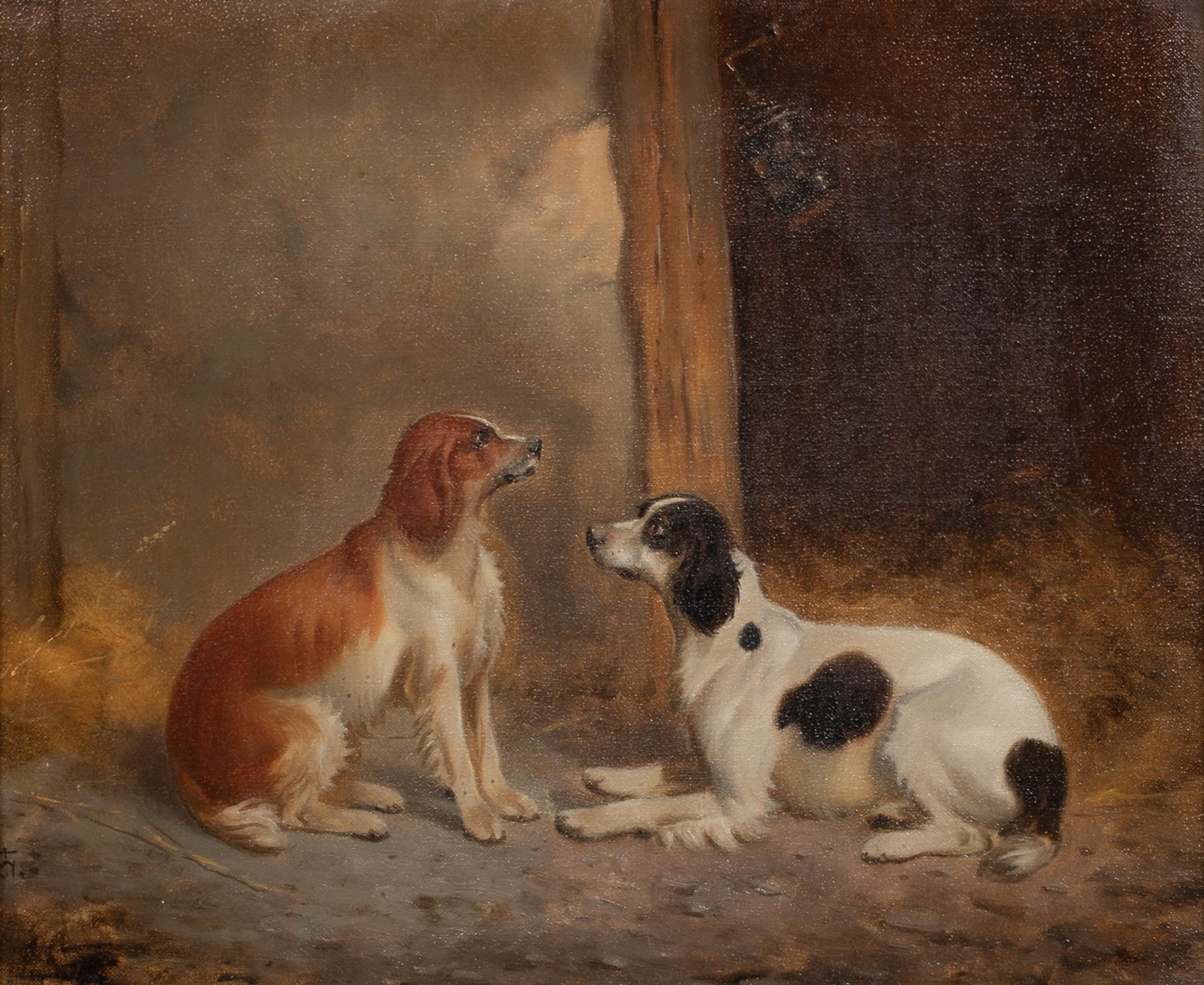 Portrait Of An English & A Welsh Spaniel In A barn, 19th Century  - Brown Portrait Painting by Unknown
