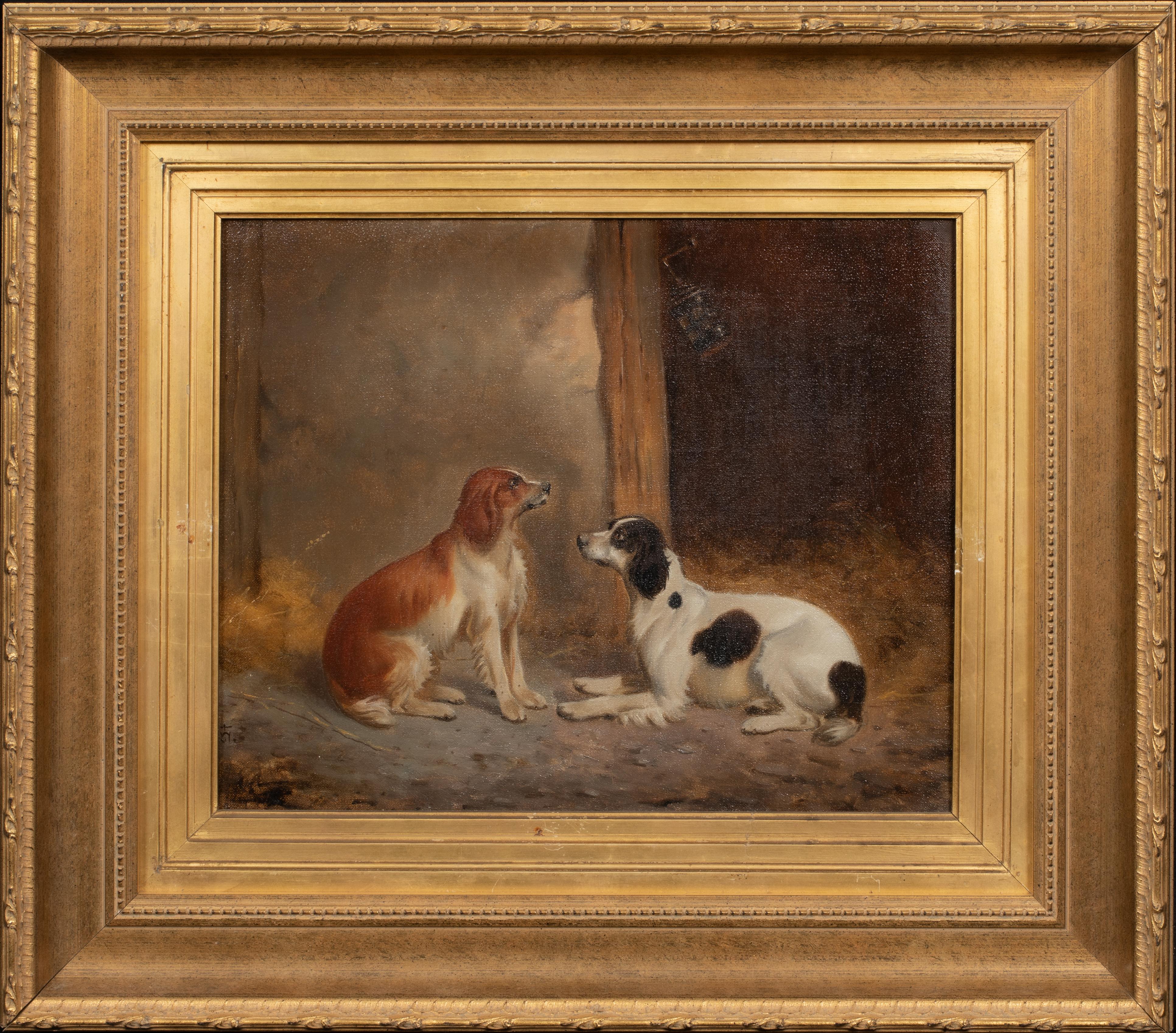 Unknown Portrait Painting - Portrait Of An English & A Welsh Spaniel In A barn, 19th Century 