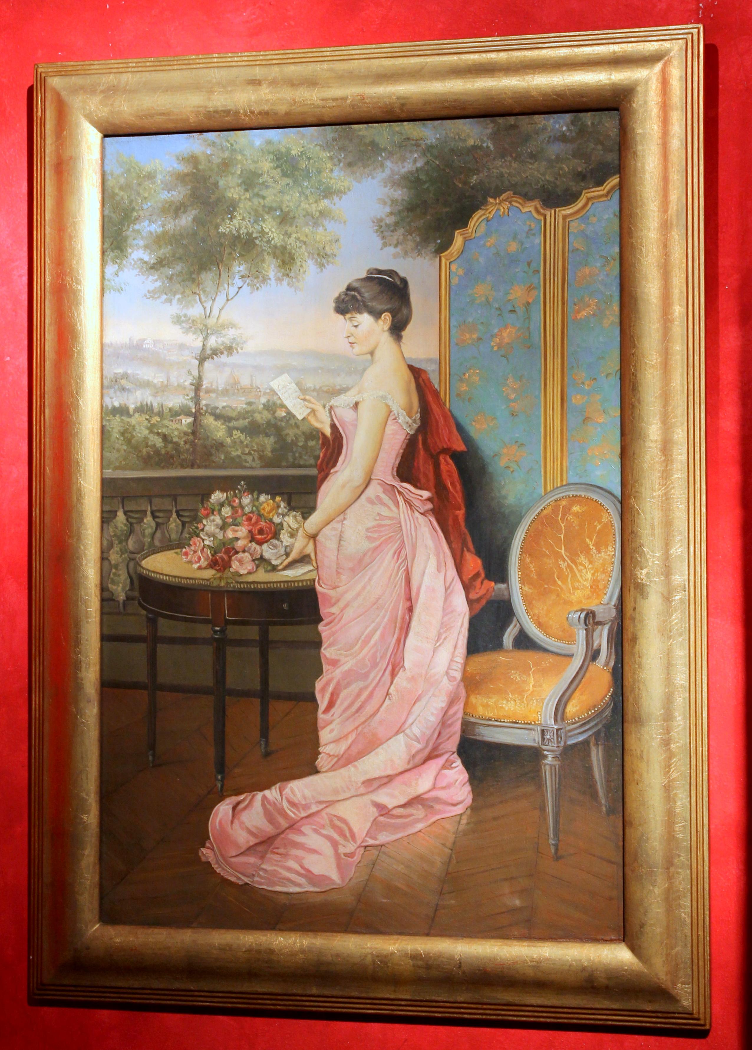 Portrait d'une femme italienne avec un paysage de Florence, huile sur toile - Art nouveau Painting par Unknown